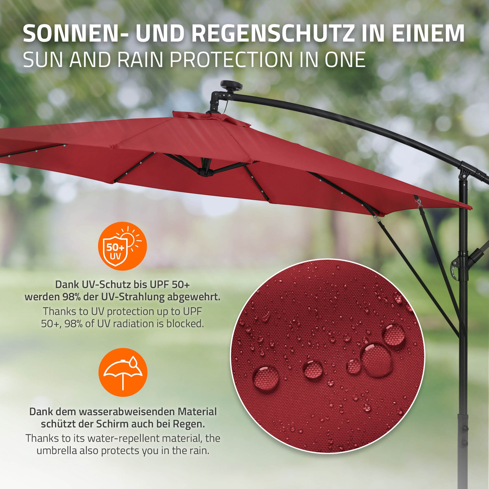 Roter Sonnenschirm mit Details zu UV-Schutz und Wasserdichtigkeit.