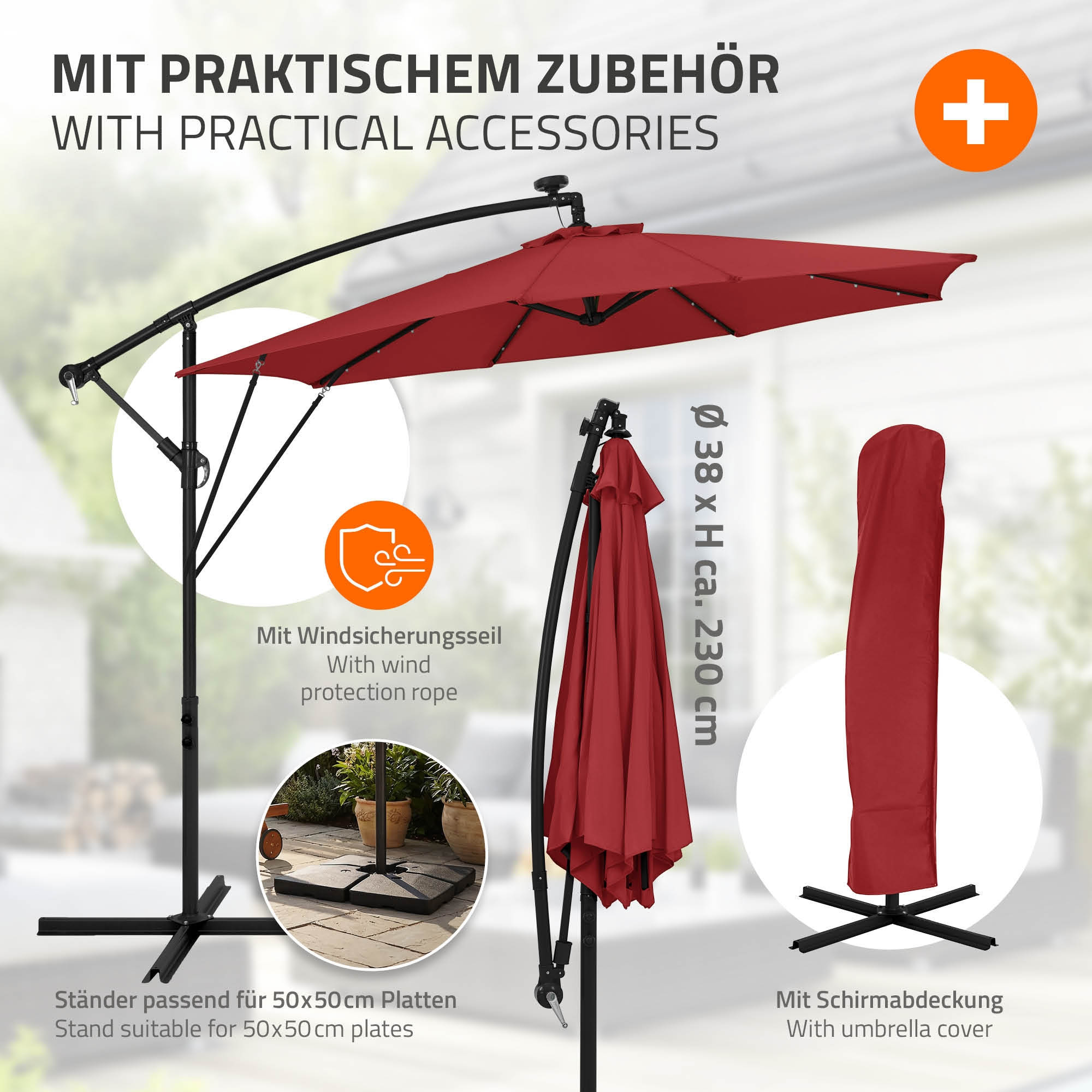 Ein roter Sonnenschirm mit Zubehör, einschließlich einer Schutzhülle.