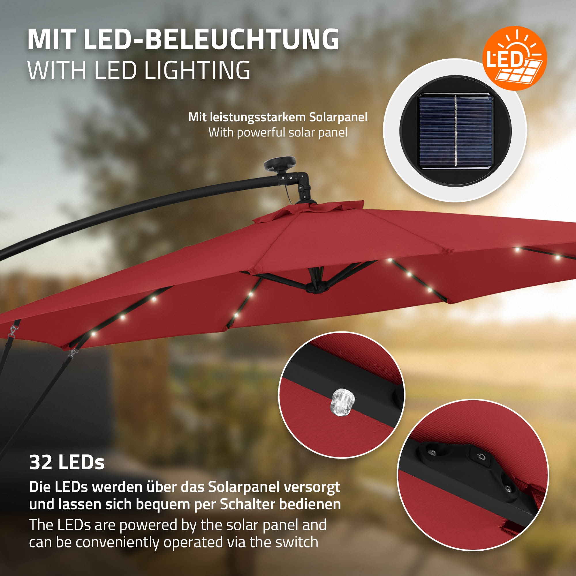 Roter Sonnenschirm mit 32 LEDs, Solarpanel und schwarzem Gestell.