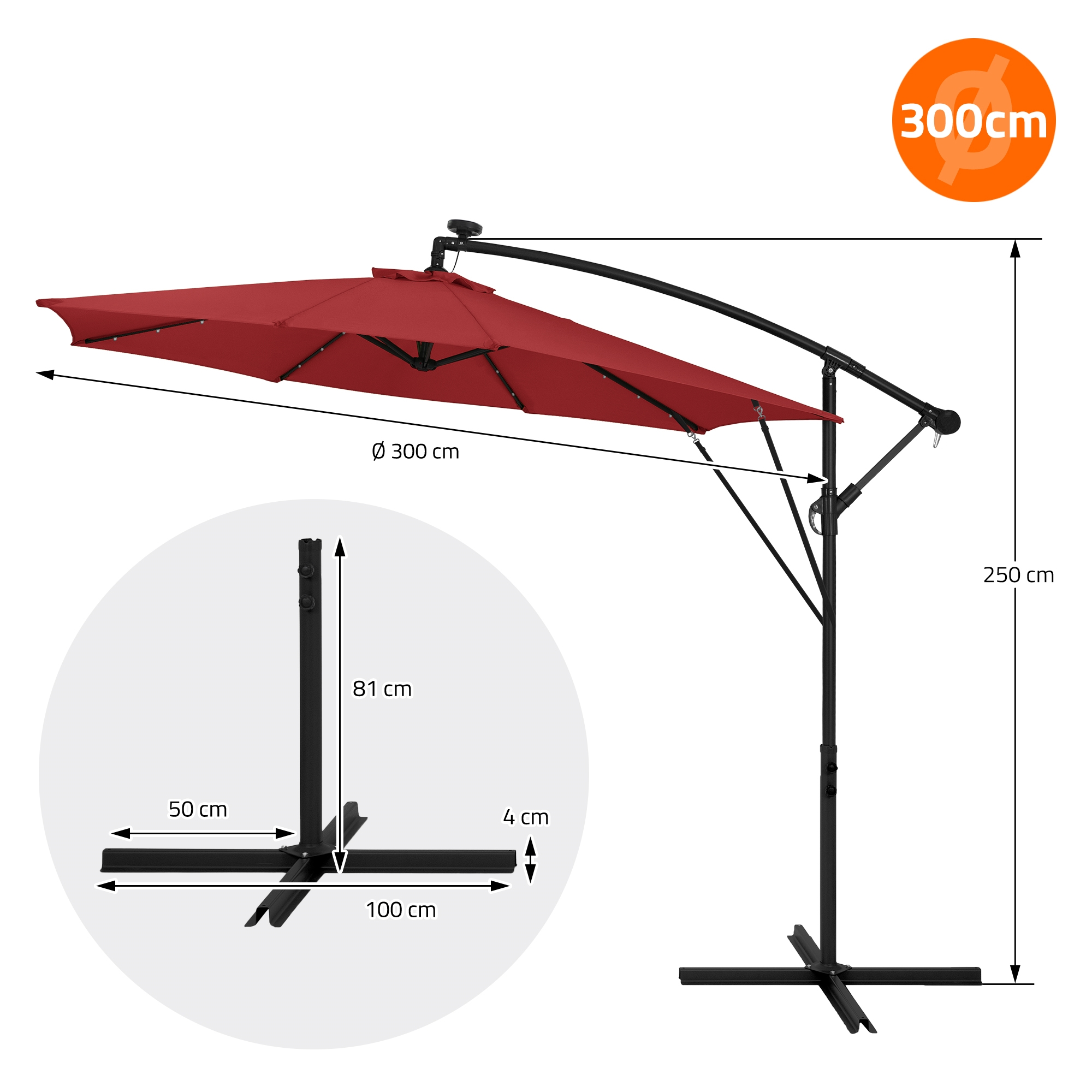 Roter Ampelschirm mit schwarzem Mast, 300cm Durchmesser, 250cm Höhe.