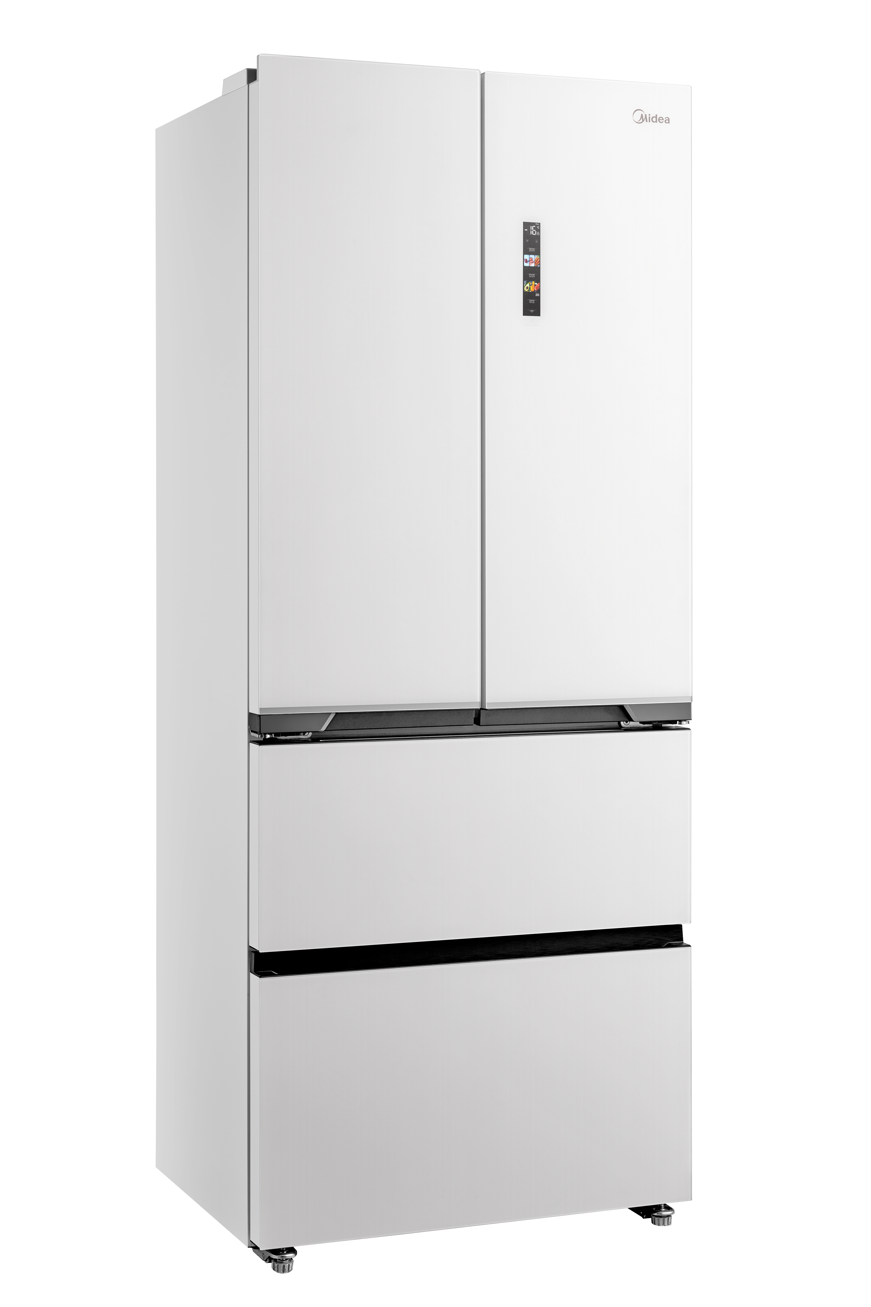 Ein weißer Kühlschrank mit drei Türen und einem digitalen Display.