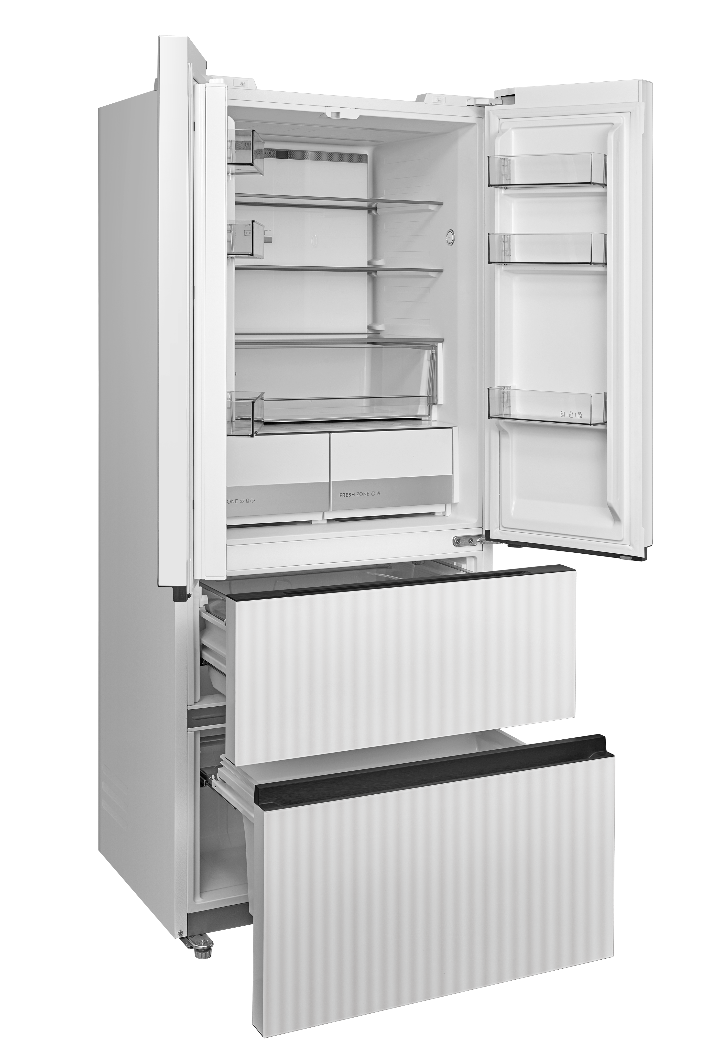 Ein weißer Kühlschrank mit offenen Türen und Schubladen, leer.