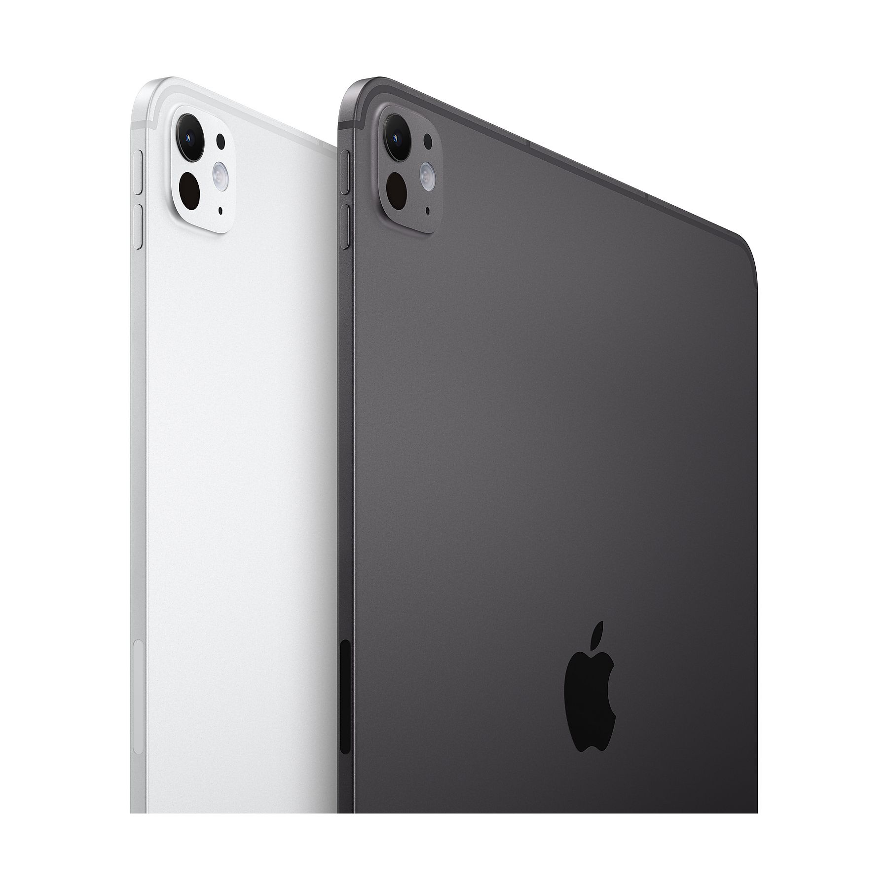 İki iPad, biri beyaz, diğeri koyu gri, arka kameraları görünüyor.