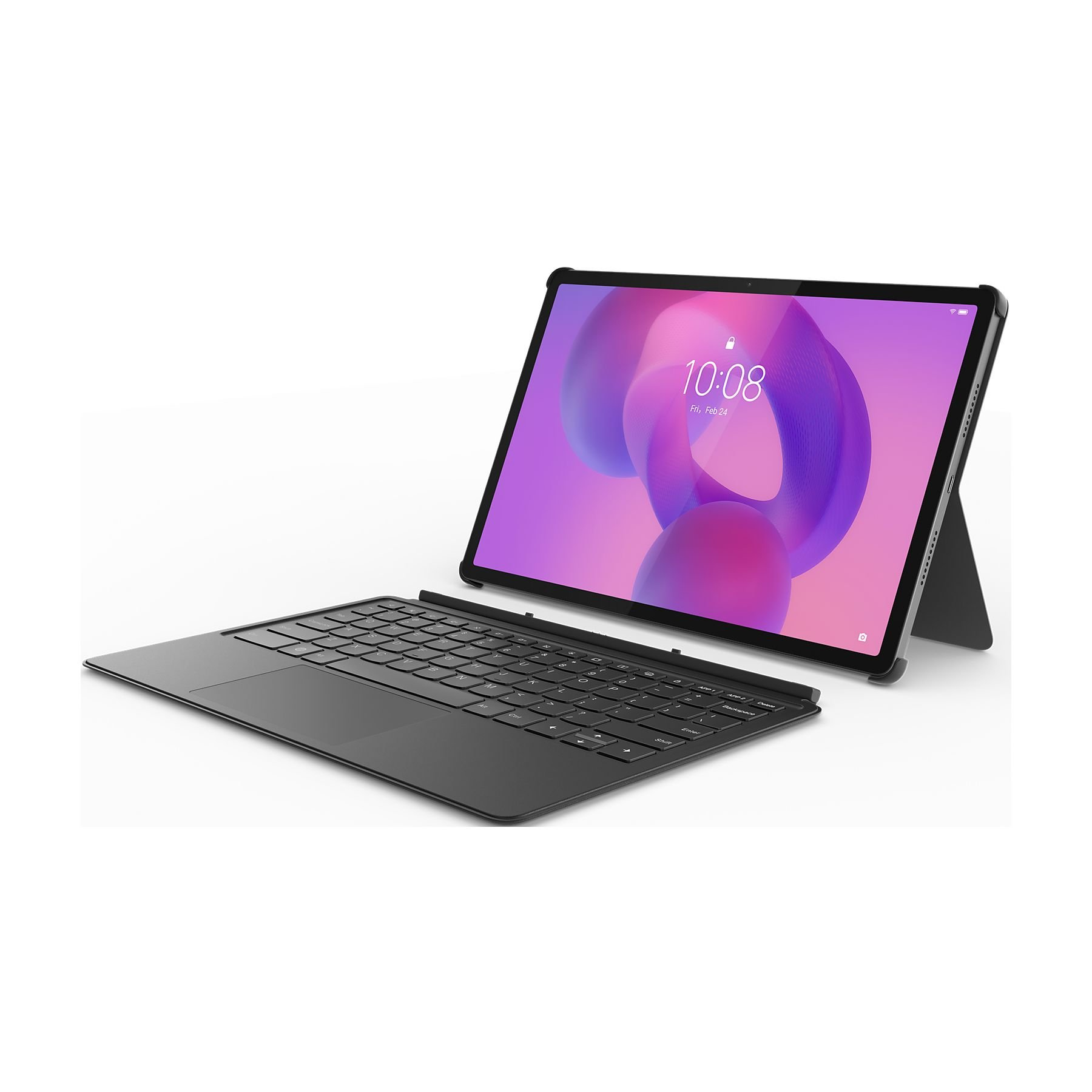 Beyaz arka plan önünde, bağlı klavyeli siyah tablet.