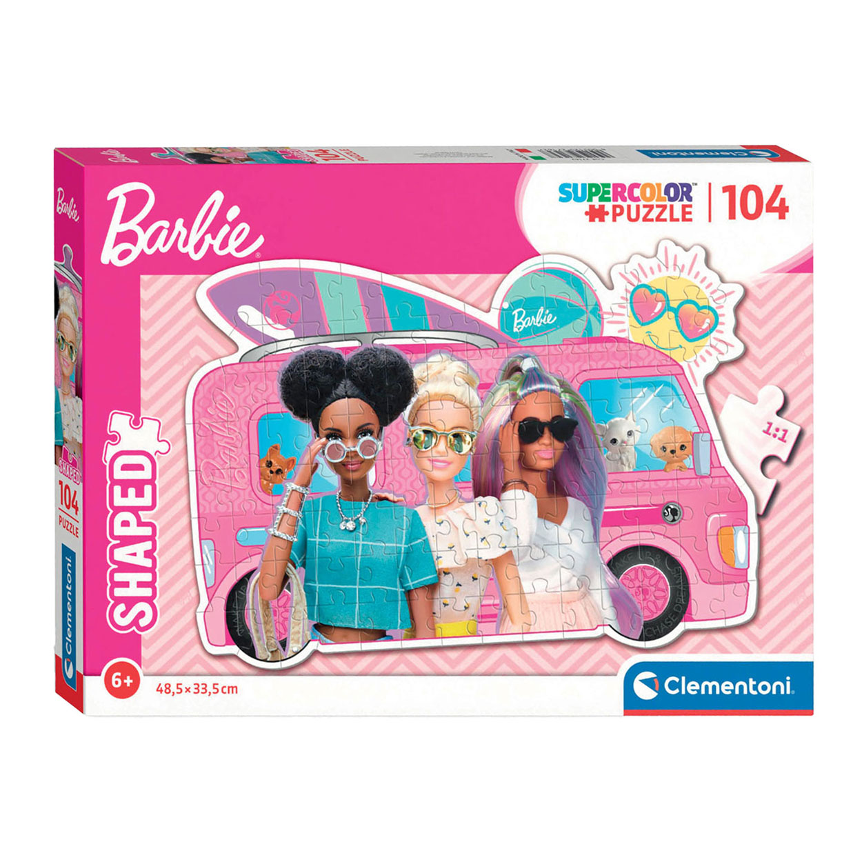 Puzzle Barbie z trzema lalkami i kamperem na pasiastym tle.