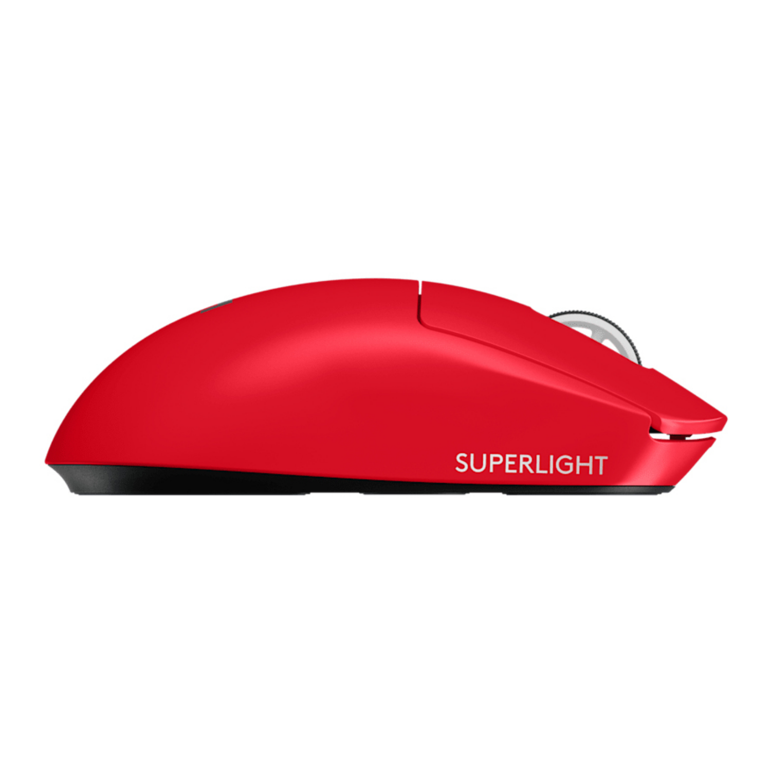 Mouse da gaming wireless rosso con testo "SUPERLIGHT".