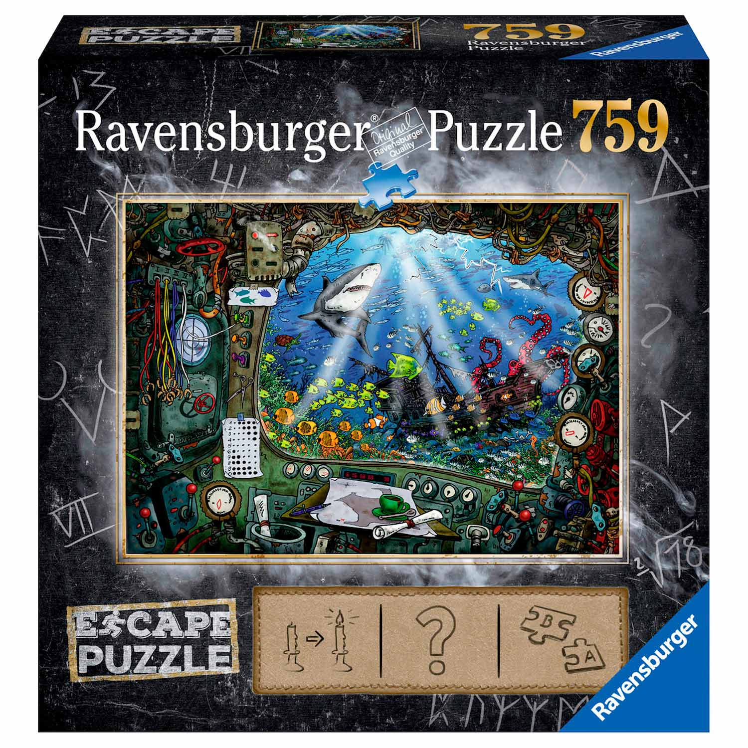 Pudełko Ravensburger Escape Puzzle 759 z podwodną sceną z rekinami, ośmiornicą i wrakiem.