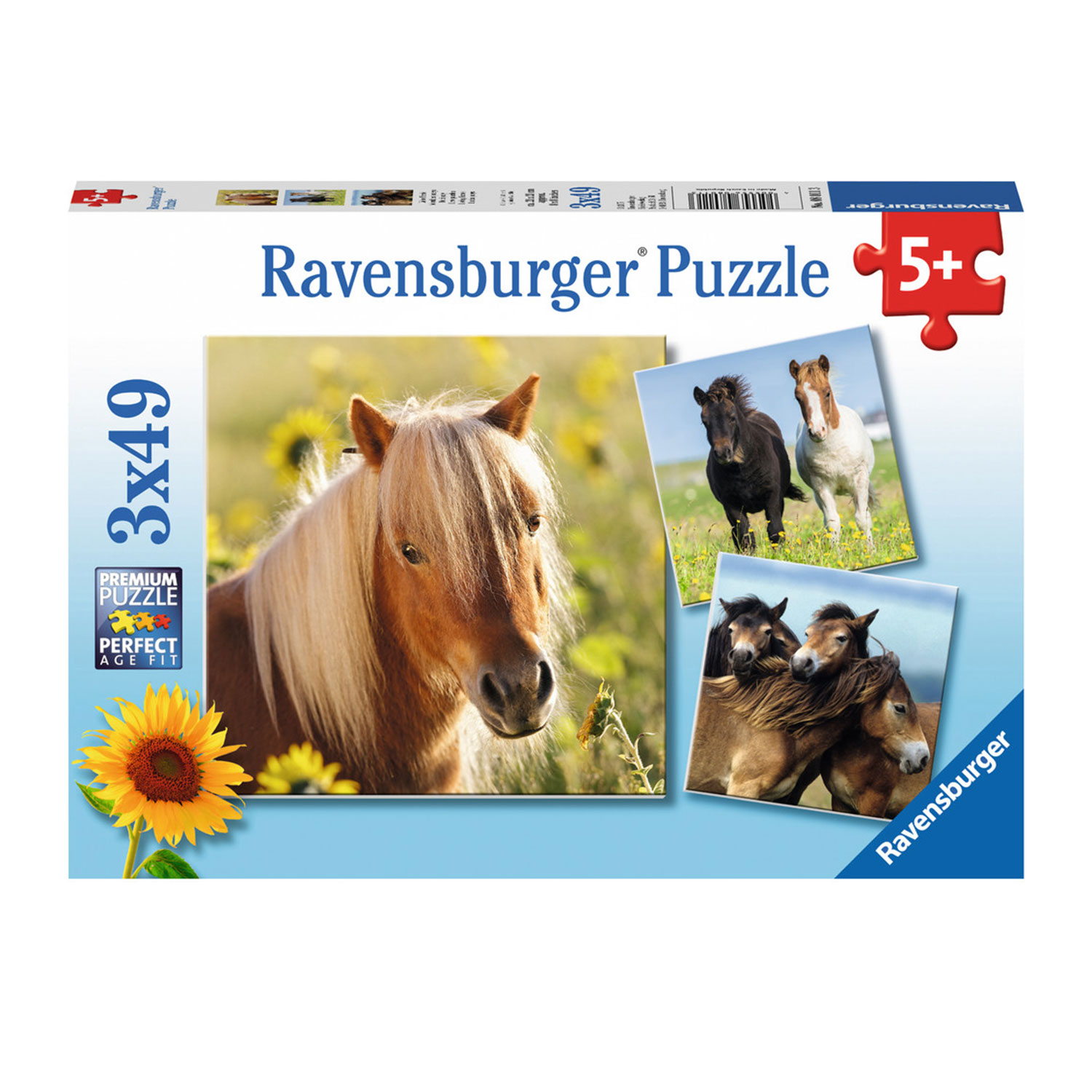 Boîte de puzzle Ravensburger avec chevaux et tournesol. 3x49 pièces, 5+.