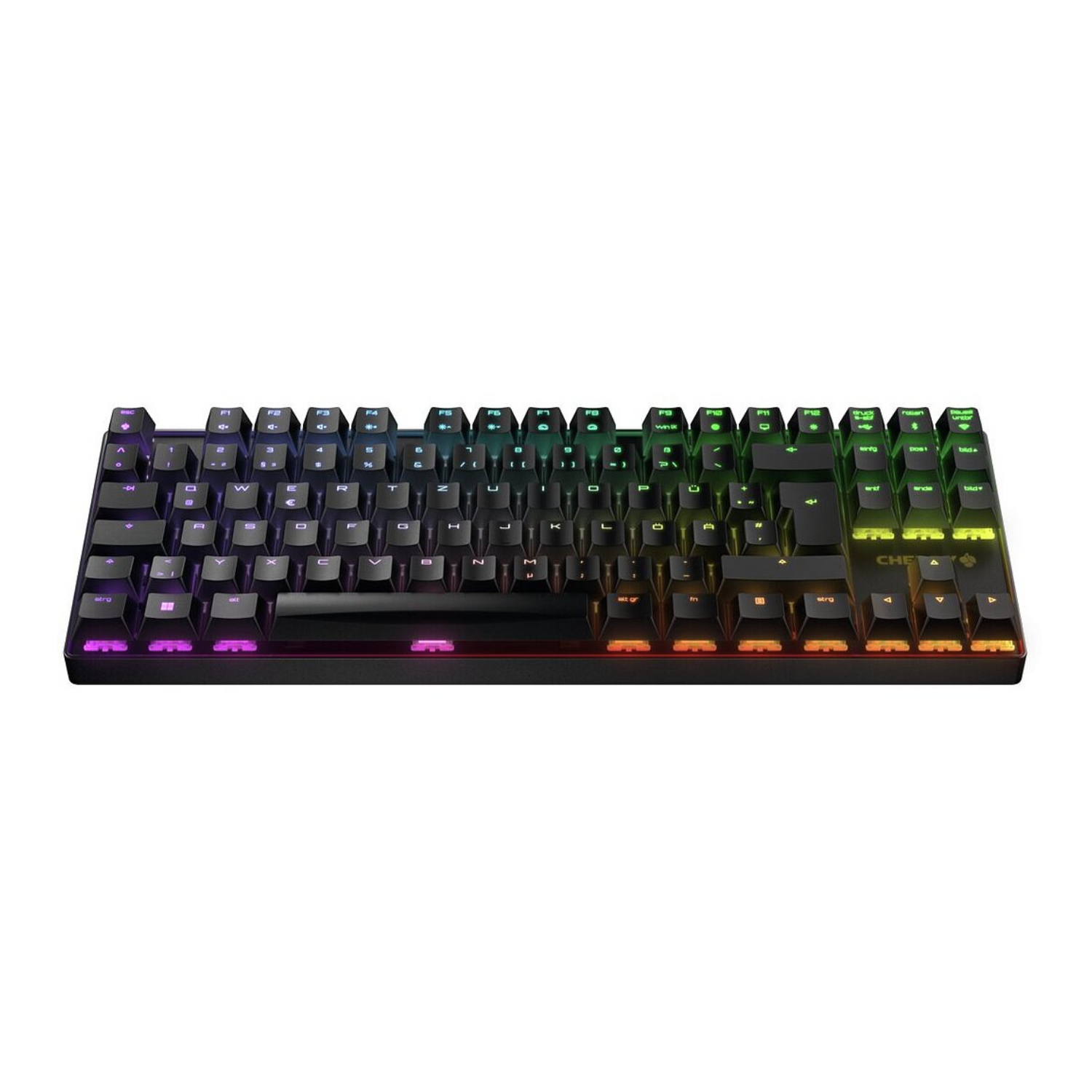 Czarna klawiatura z oświetleniem RGB i białymi klawiszami.