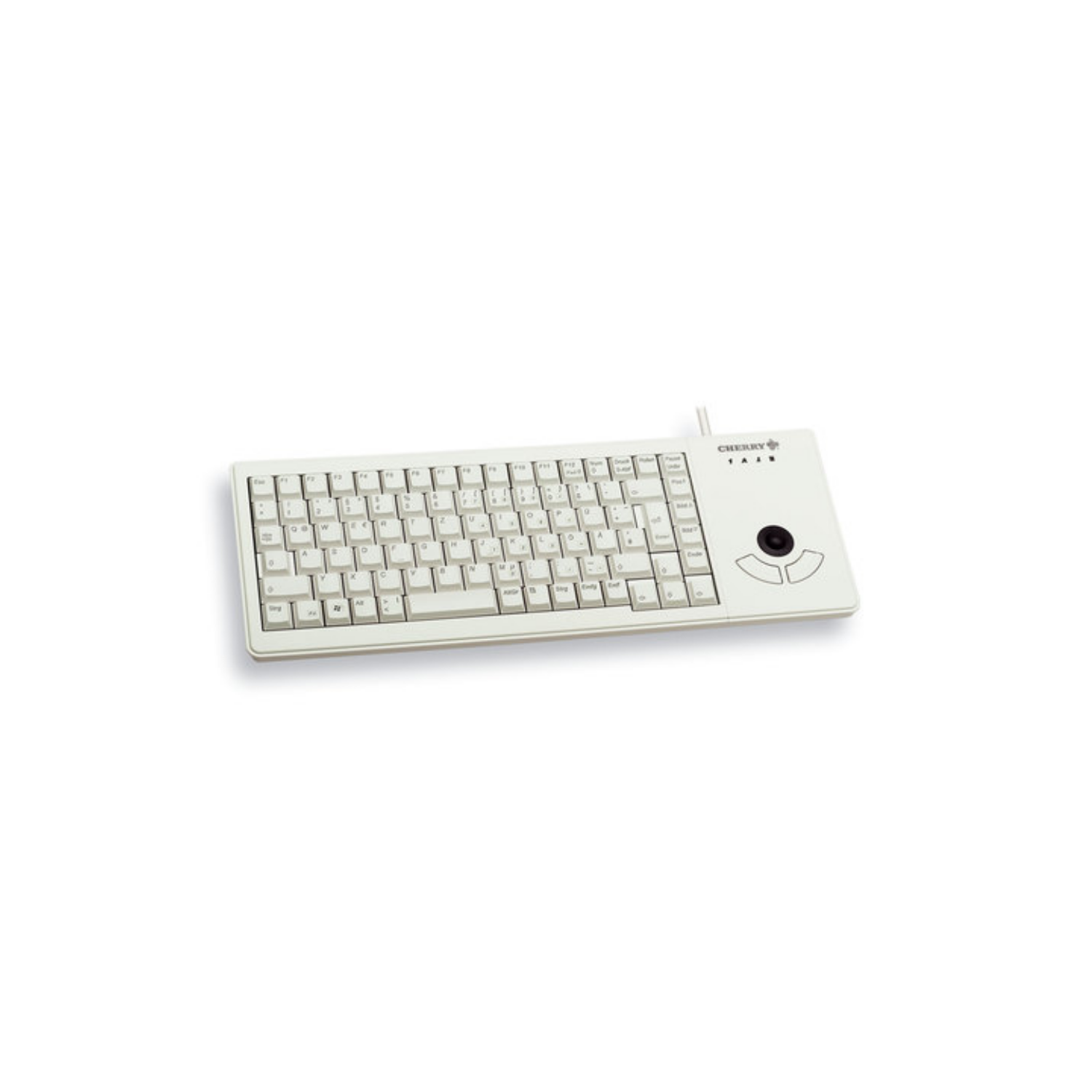 Una tastiera bianca con trackball e tasti integrati.