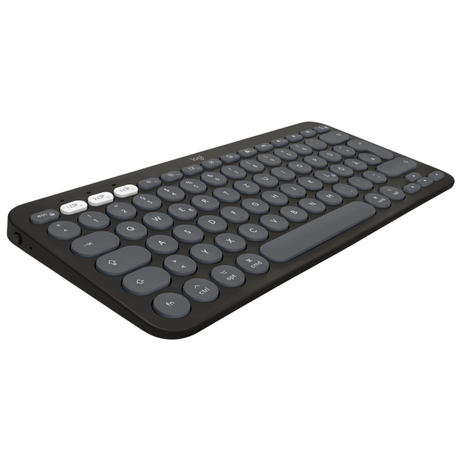 Un teclado oscuro con teclas redondas grises sobre fondo blanco.