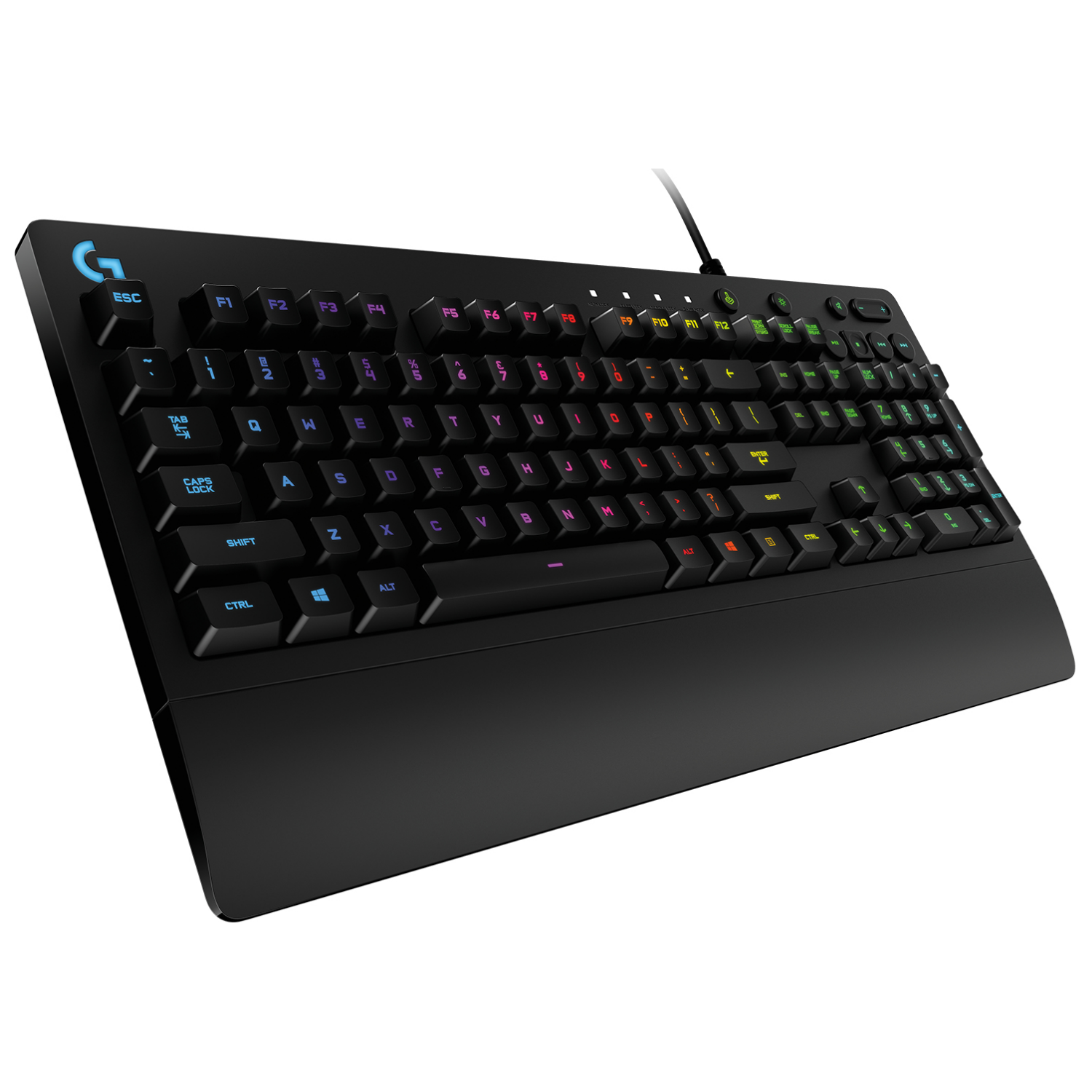 Czarna klawiatura z podświetlanymi klawiszami RGB, logo Logitech G.