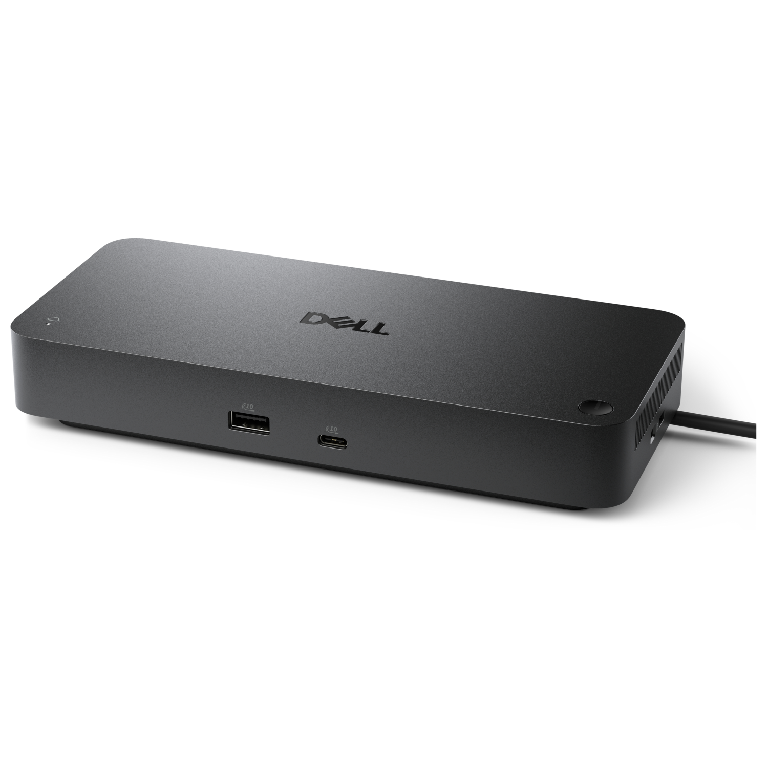 Schwarzer Dell Dockingstation mit USB-A, USB-C Anschlüssen und Kabel.