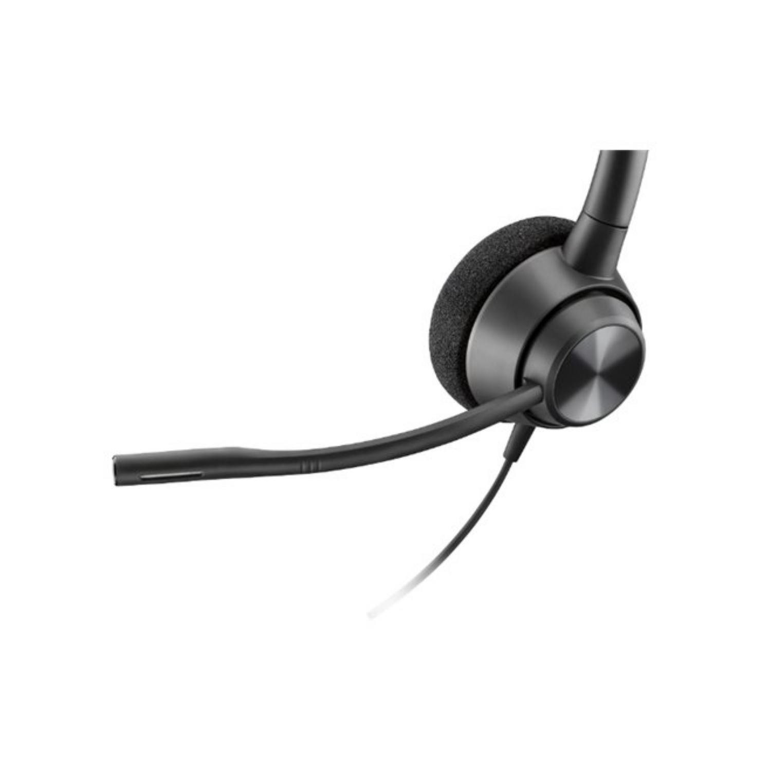 Un auricolare nero con microfono e padiglione su sfondo bianco.