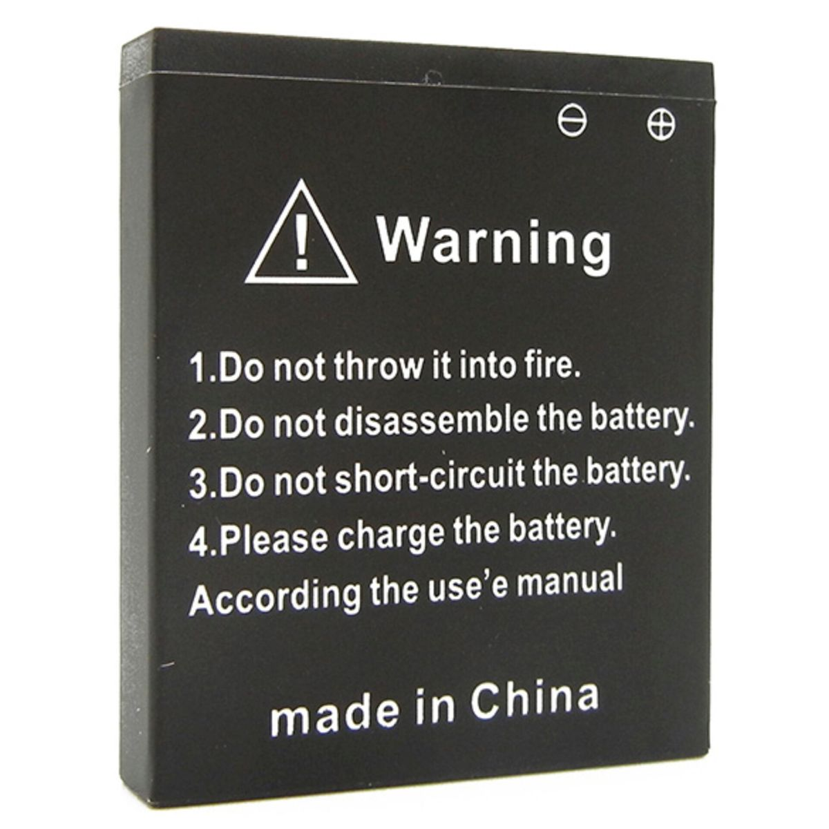 Batería negra con instrucciones de advertencia y texto 'hecho en China'.