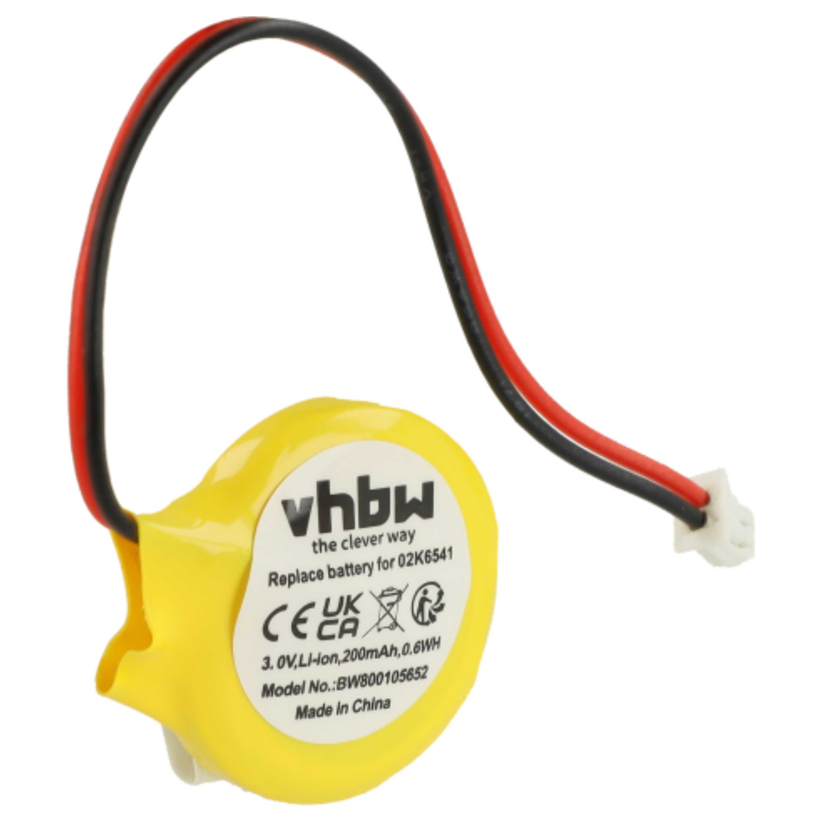 Gelbe 3,0V Li-Ion-Batterie mit roten und schwarzen Kabeln und weißem Stecker.