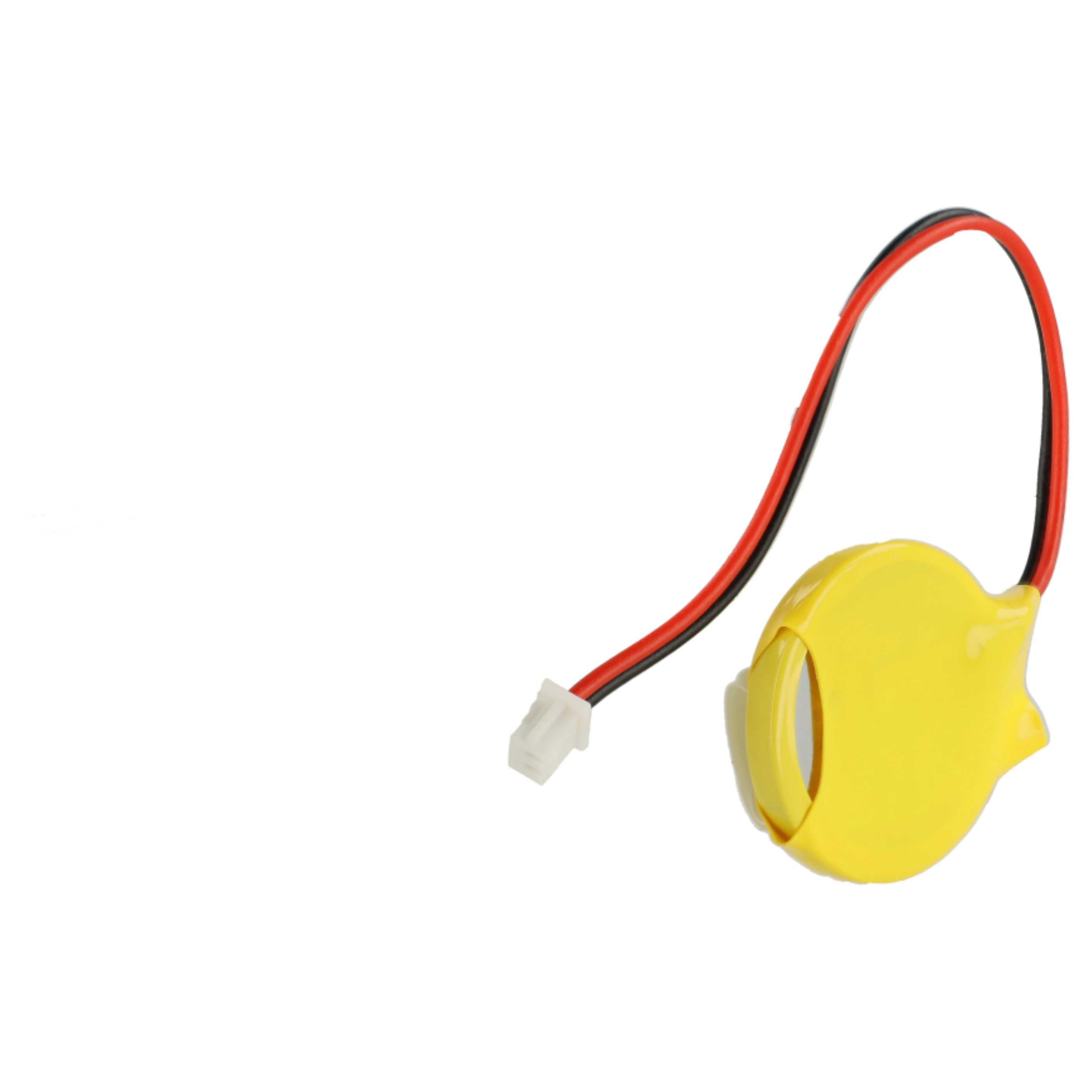 Gelbe Knopfzelle mit roten und schwarzen Kabeln und weißem Stecker.