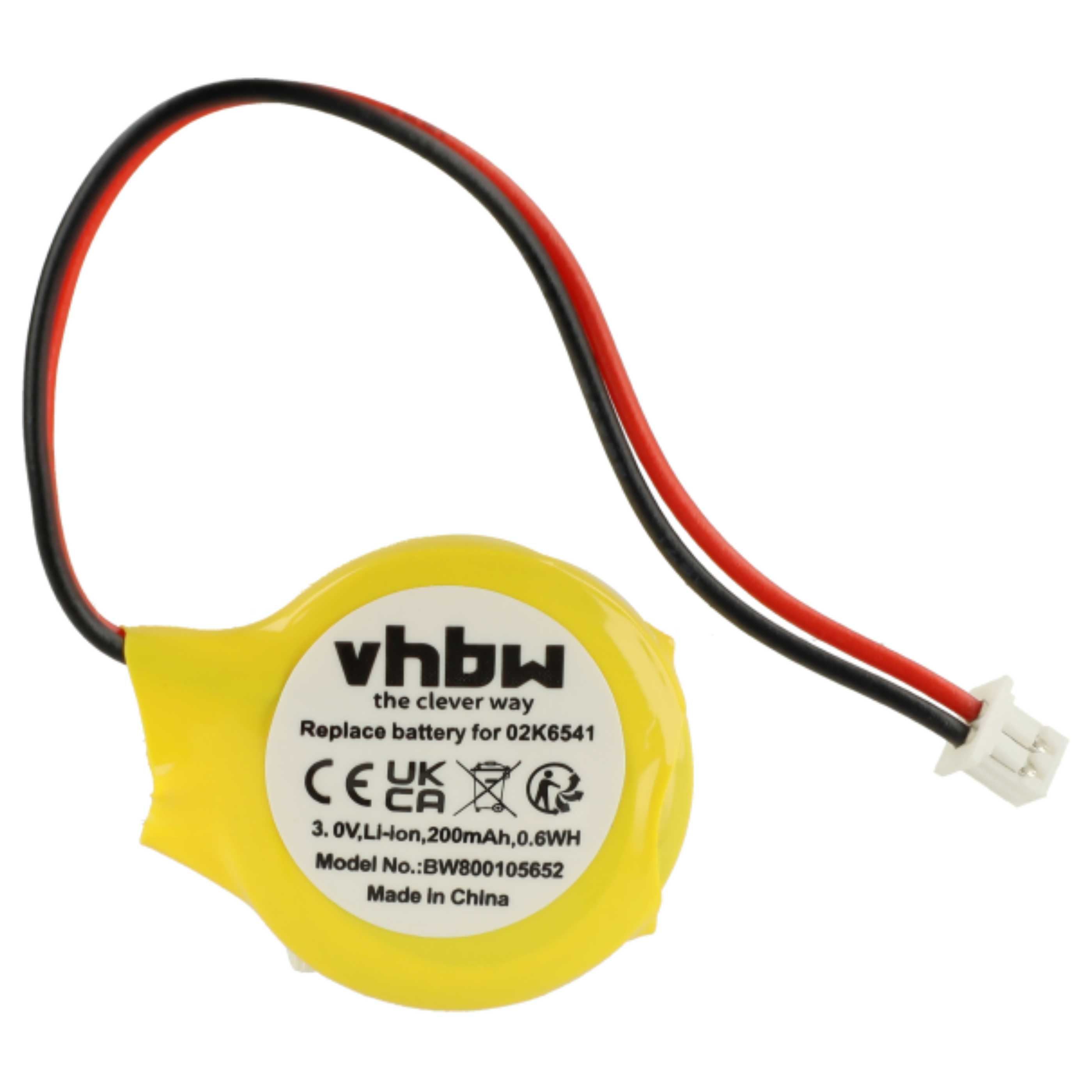 Gelbe Batterie mit schwarzem und rotem Kabel, weißem Stecker und Aufdruck.