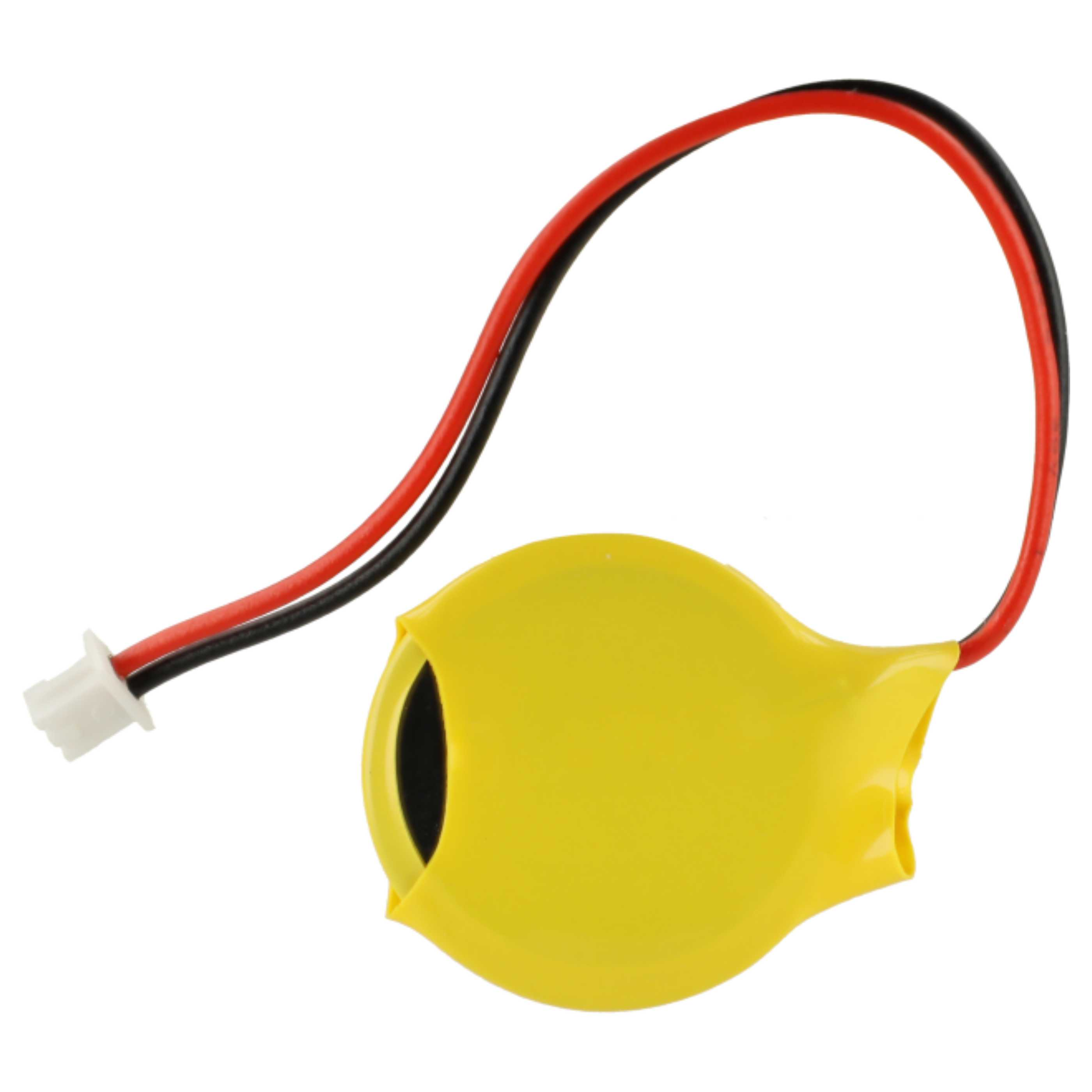 Gelbe Knopfzelle mit rotem und schwarzem Kabel und weißem Stecker.