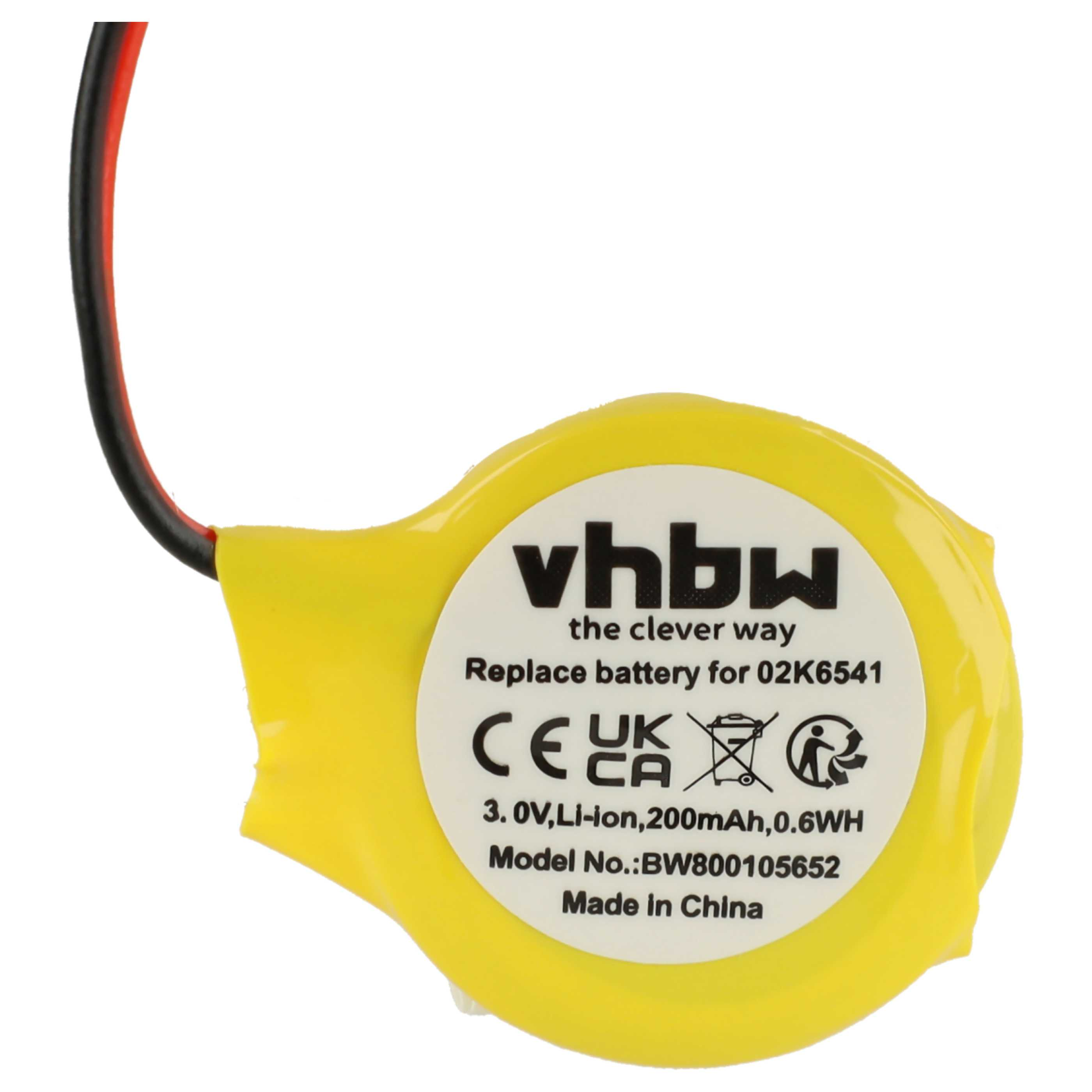 Gelbe vhbw Batterie mit Kabel, 3.0V, Li-Ion, 200mAh, Made in China.