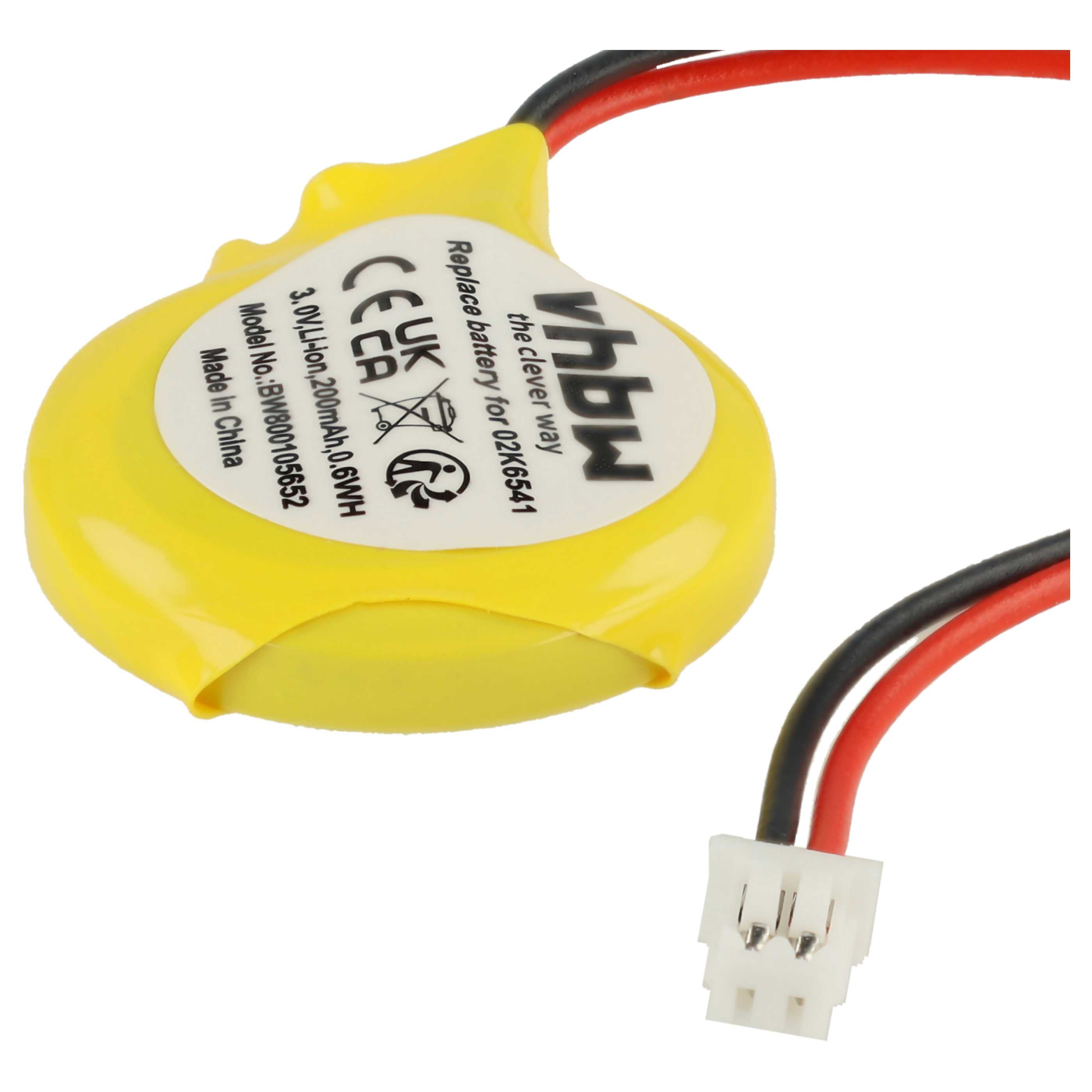 Gelbe 3,0V Li-Ion-Batterie mit schwarzem und rotem Kabel, weißem Stecker.