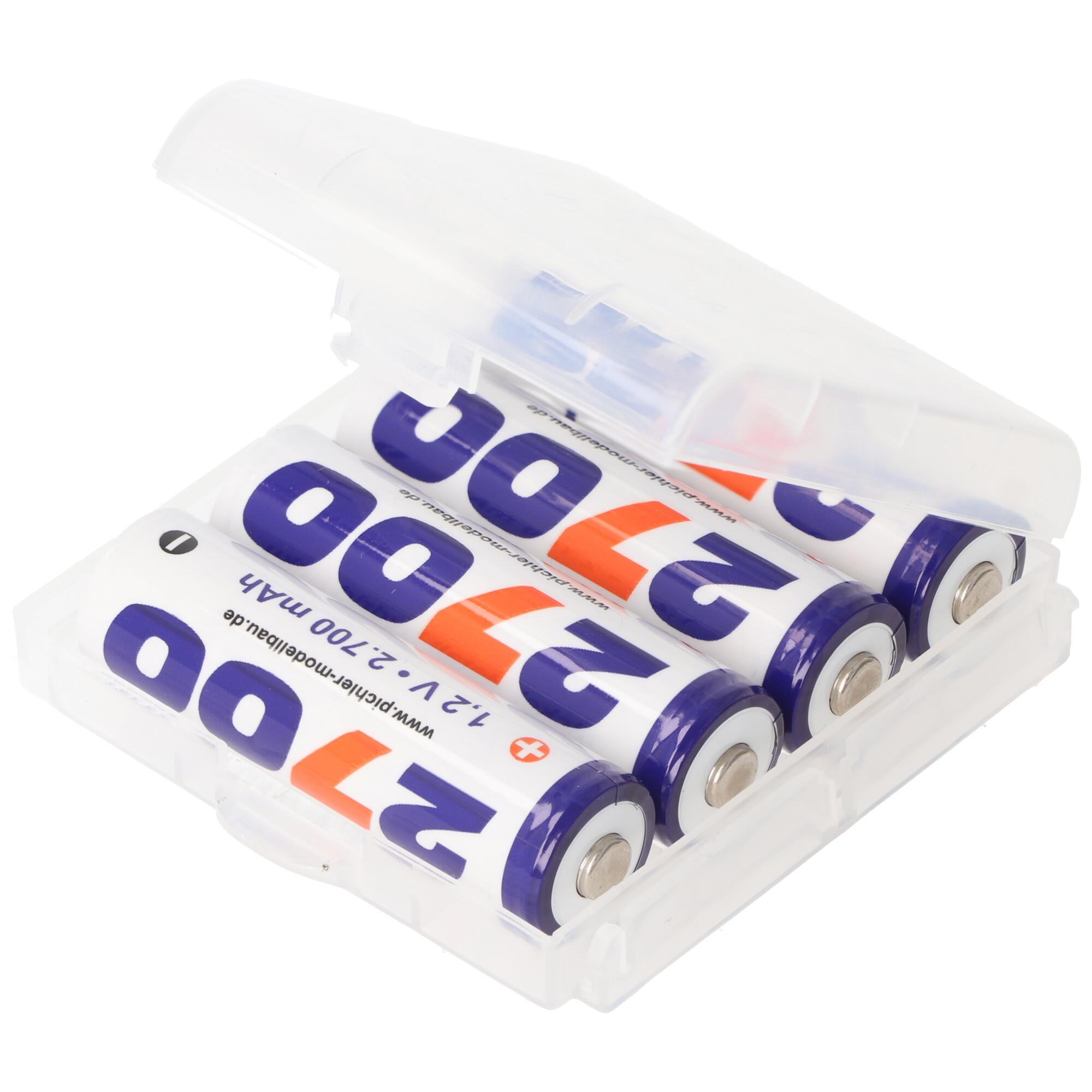 Vier AA-Batterien in einem durchsichtigen Kasten mit blauer und oranger Beschriftung.