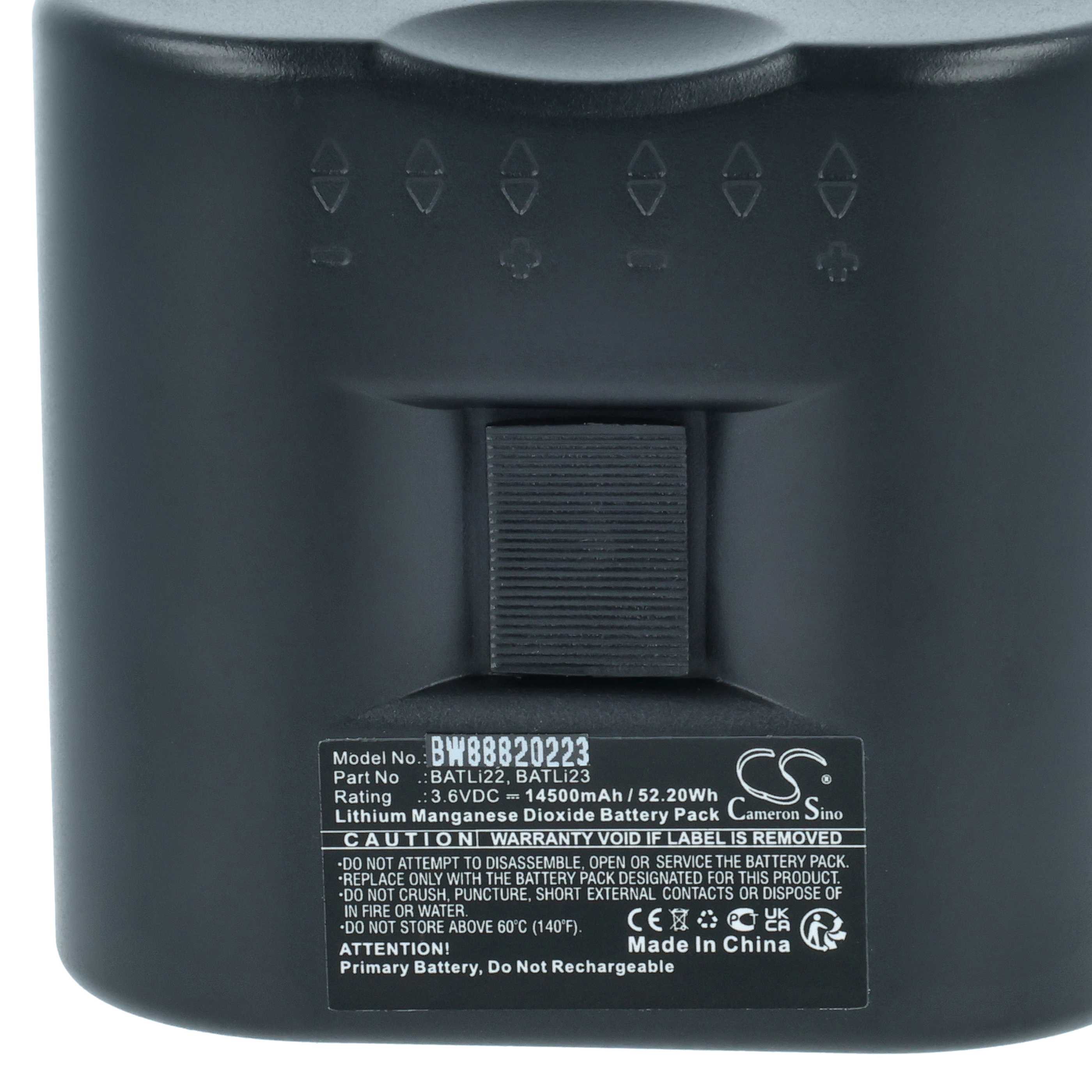Schwarzer Akku mit Beschriftung: Modell BW88820223, 3.6VDC 14500mAh.