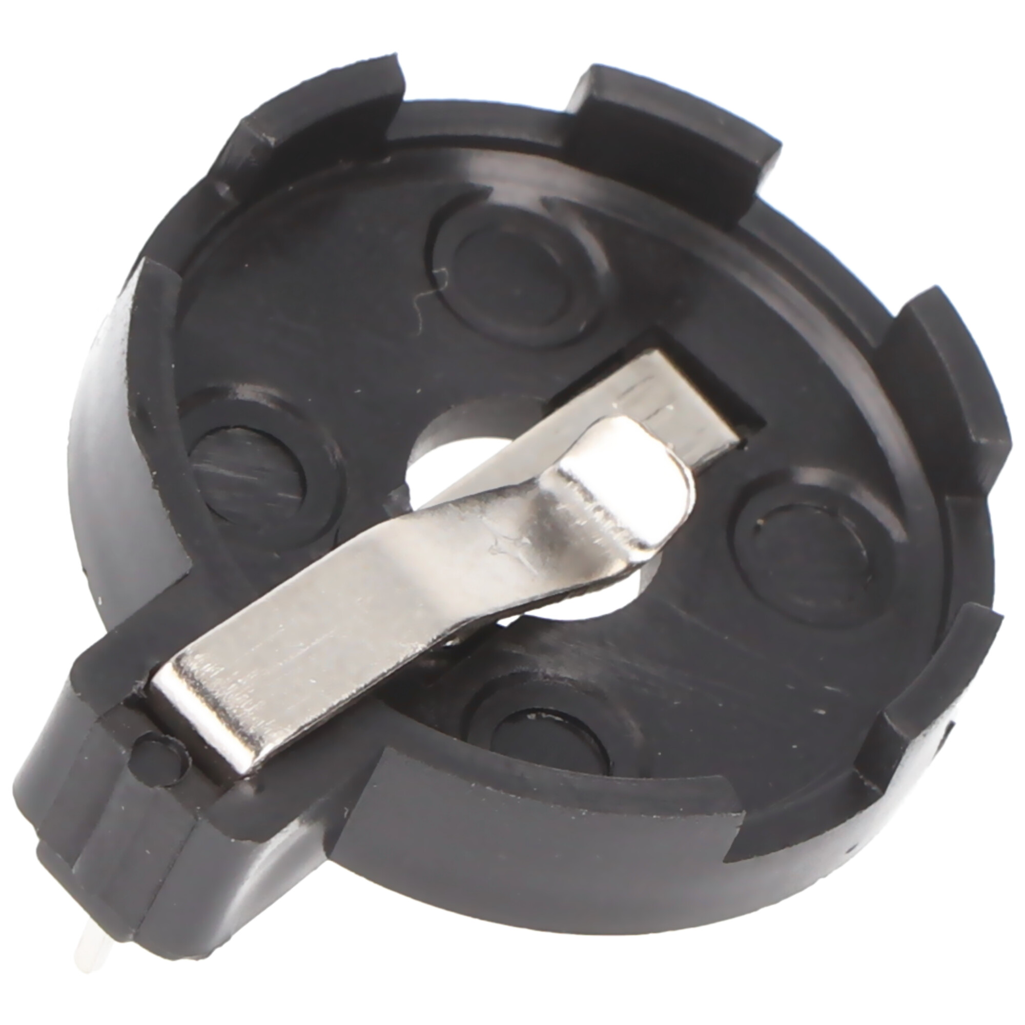 Ein schwarzer Batteriehalter mit Metallkontakt und Anschlusskabel auf weißem Hintergrund.