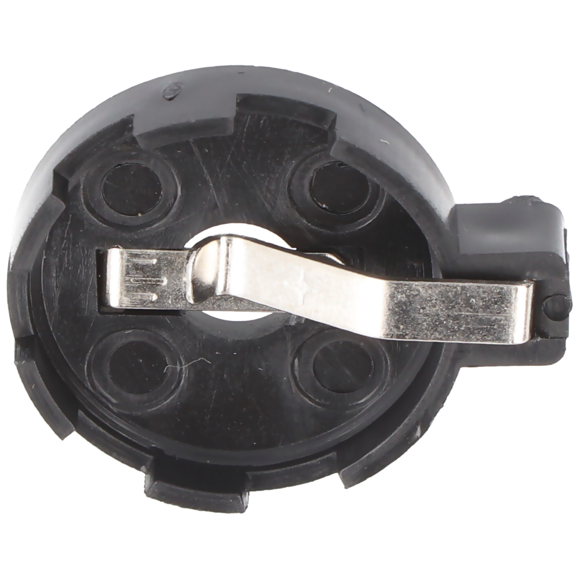Schwarzer Batteriehalter mit silbernem Metallclip und drei runden Vertiefungen.