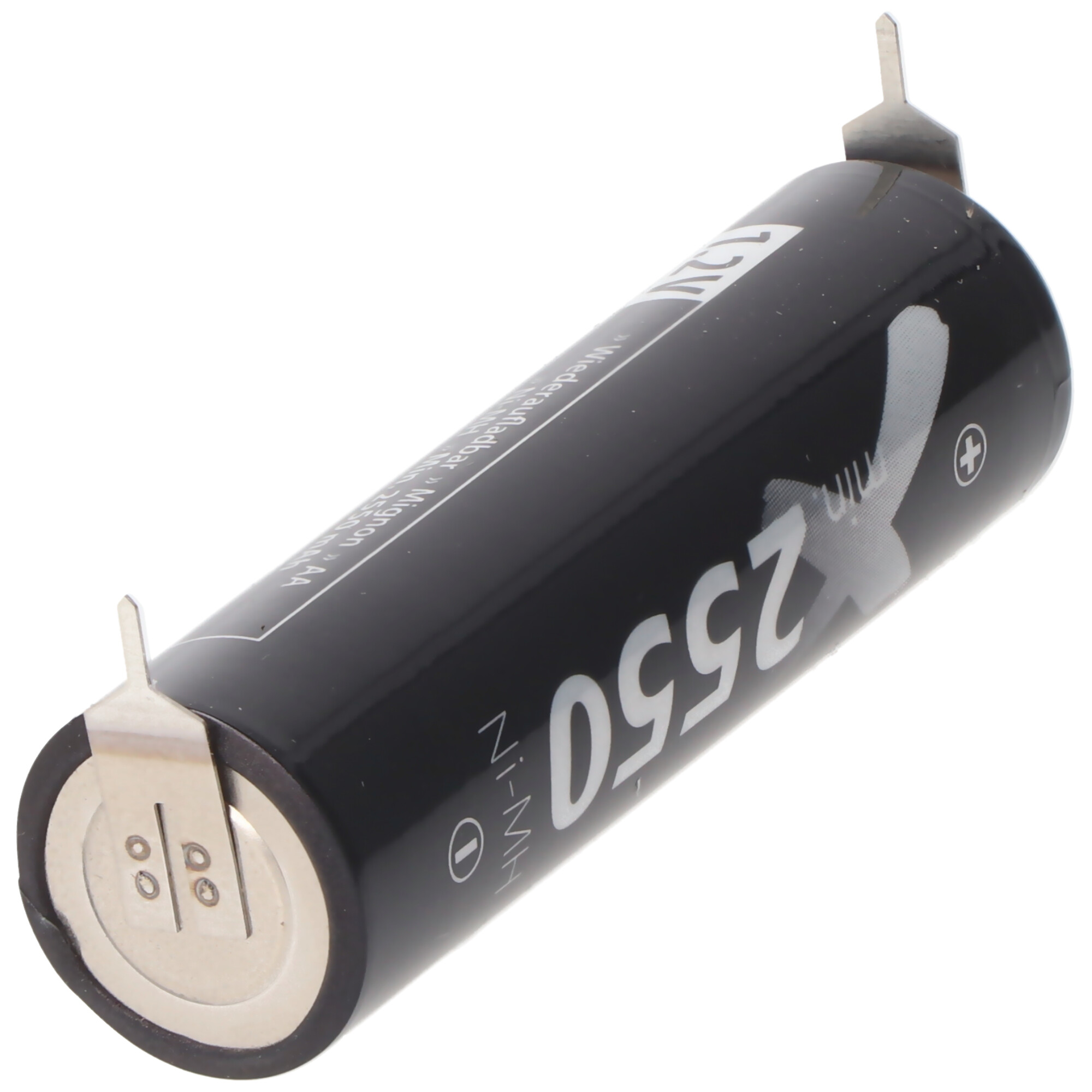 Schwarze AA-Batterie mit 2550 mAh und Metallkontakten oben und unten.