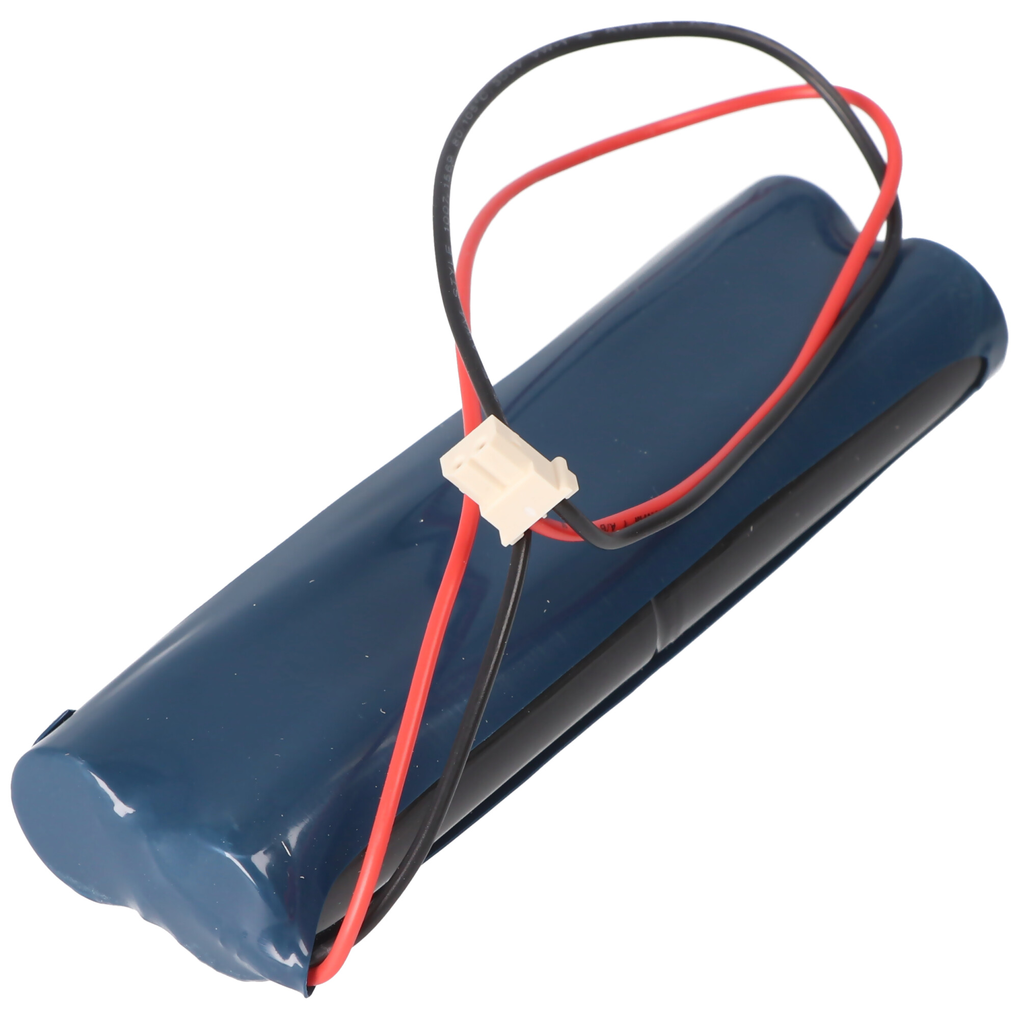 Ein blauer Akku mit roten und schwarzen Kabeln und einem weißen Stecker.