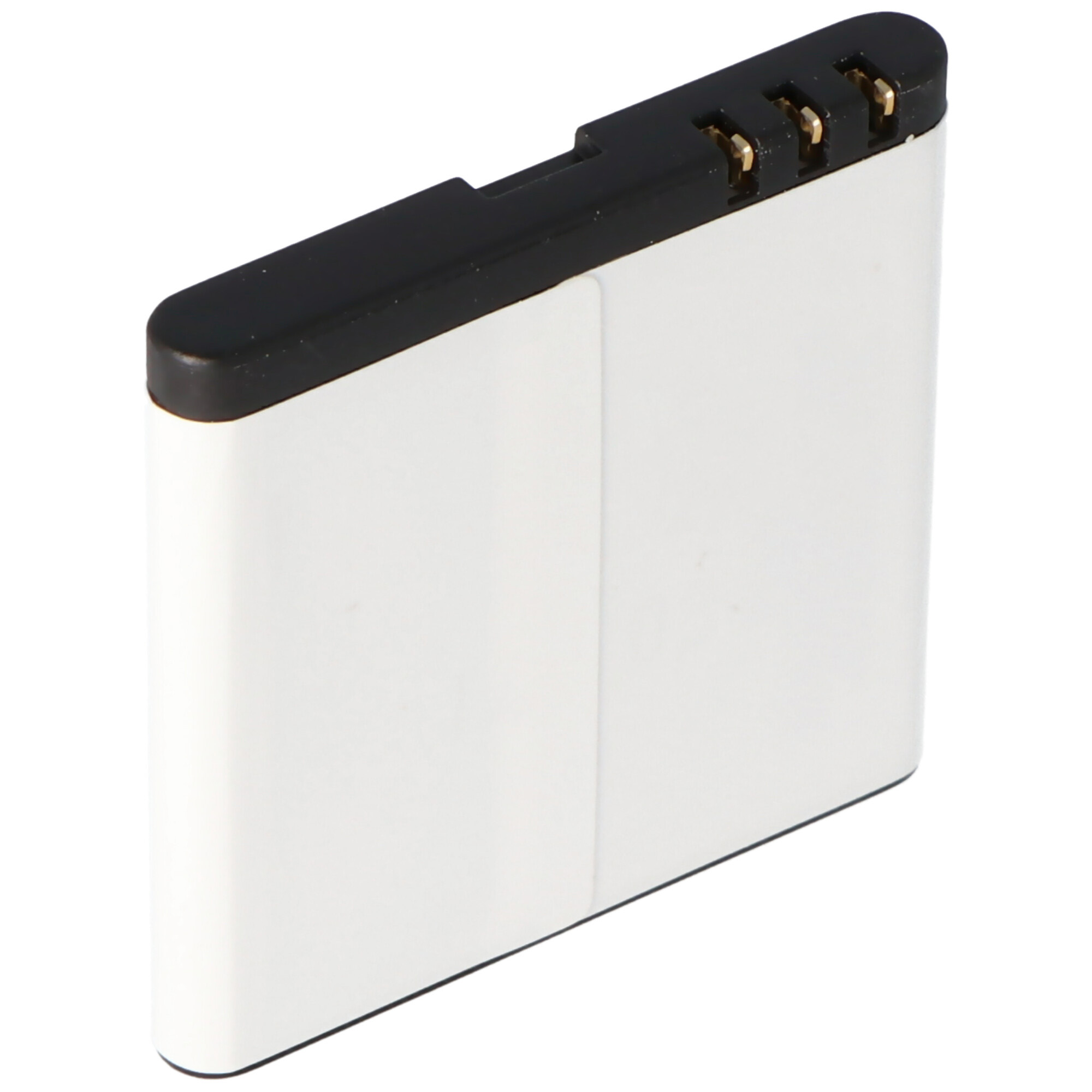 Eine weiße Batterie mit schwarzem Oberteil und drei goldenen Kontakten.