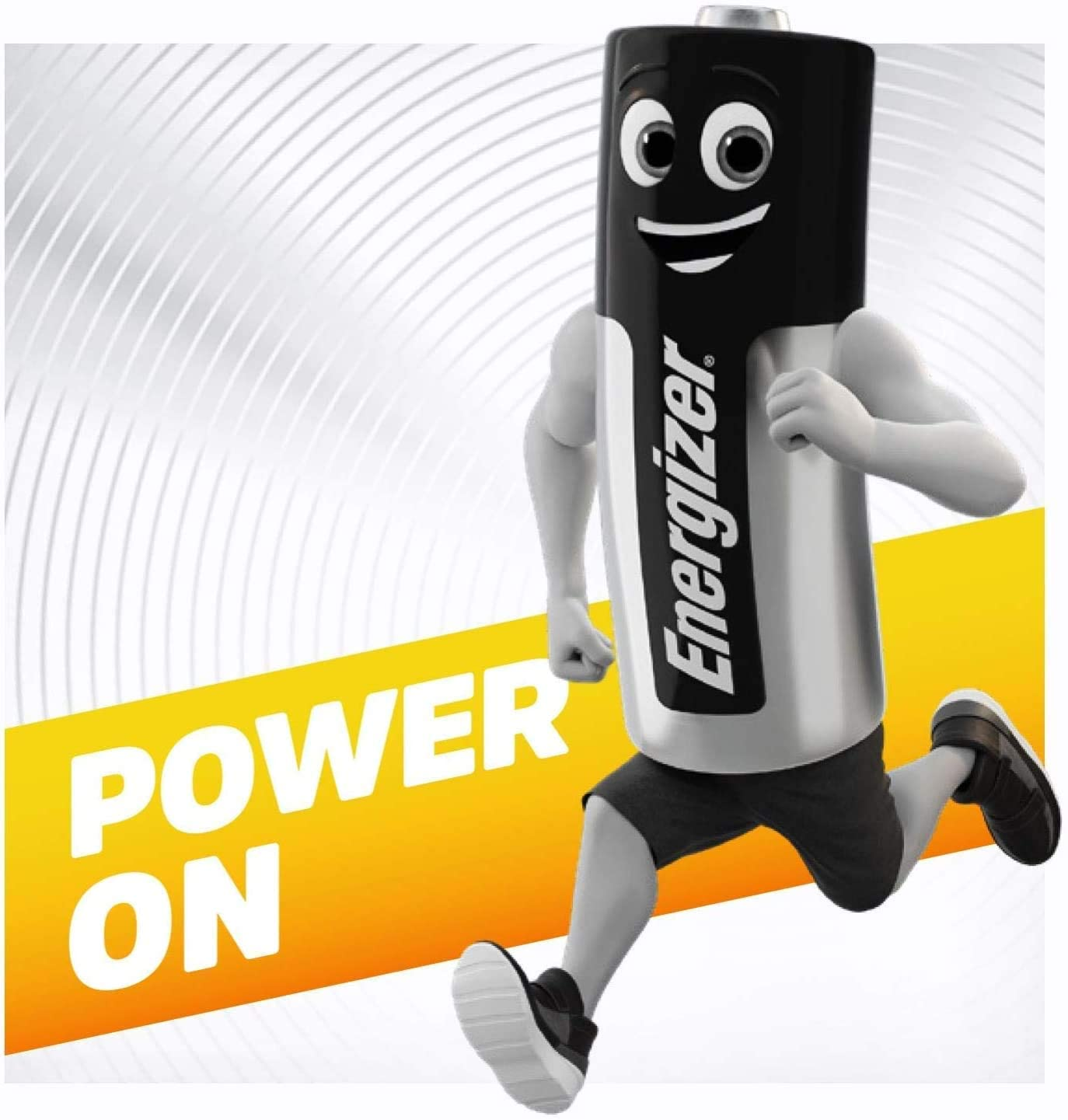 Ein Energizer-Akku mit Armen und Beinen rennt auf gelbem Banner mit "POWER ON".