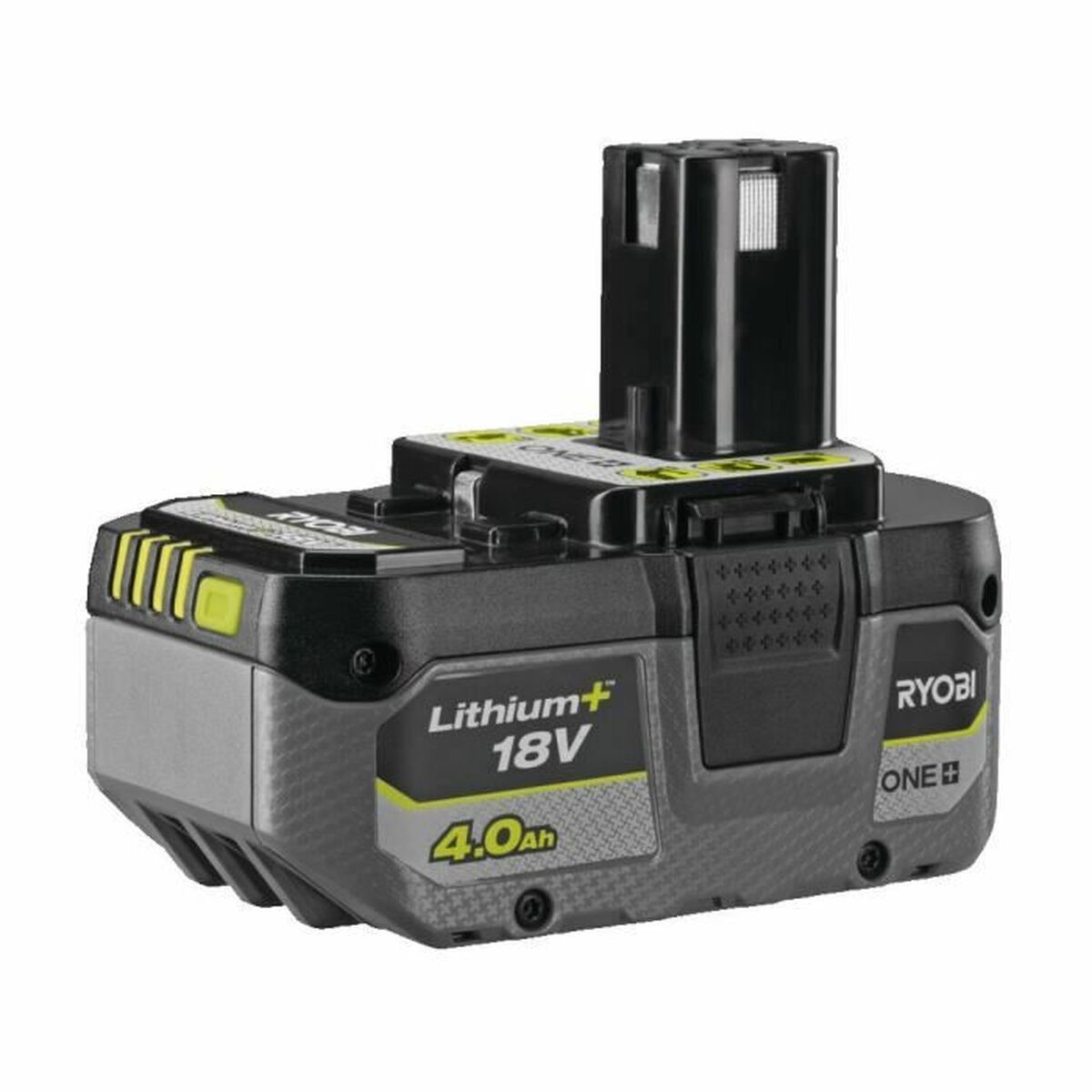 Ryobi 18V 4,0Ah Lithium+ Akku mit schwarzem und grauem Gehäuse.