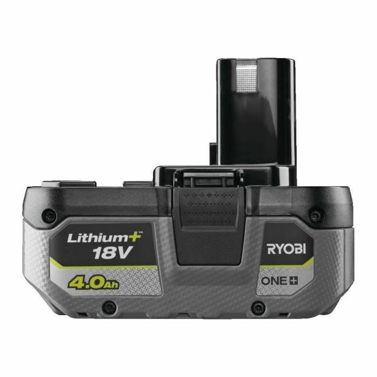 Ryobi 18V Lithium+ 4.0Ah Akku mit schwarzem Gehäuse und silbernen Akzenten.