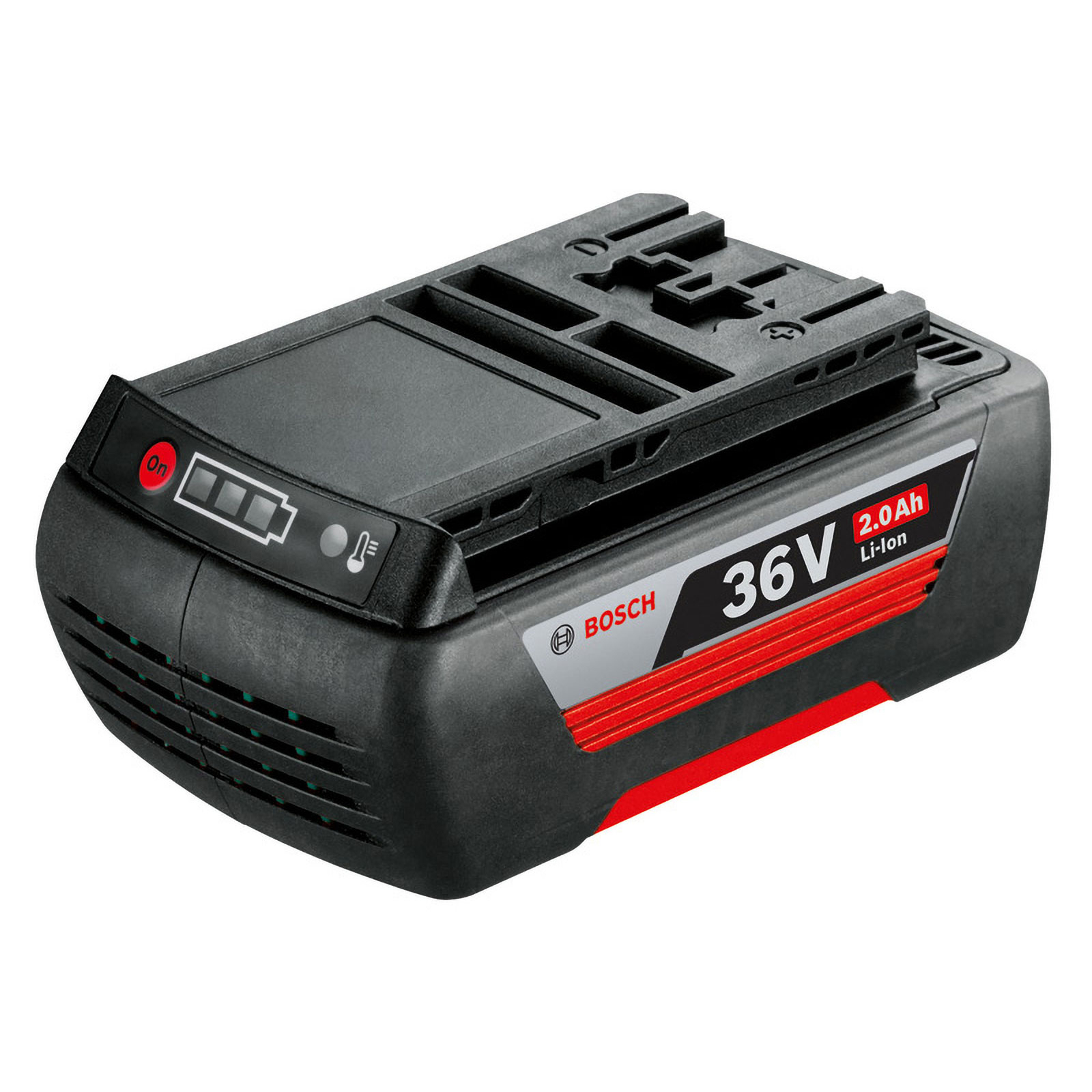 Batteria nera Bosch 36V 2.0Ah Li-Ion con striscia rossa e indicatore di carica.