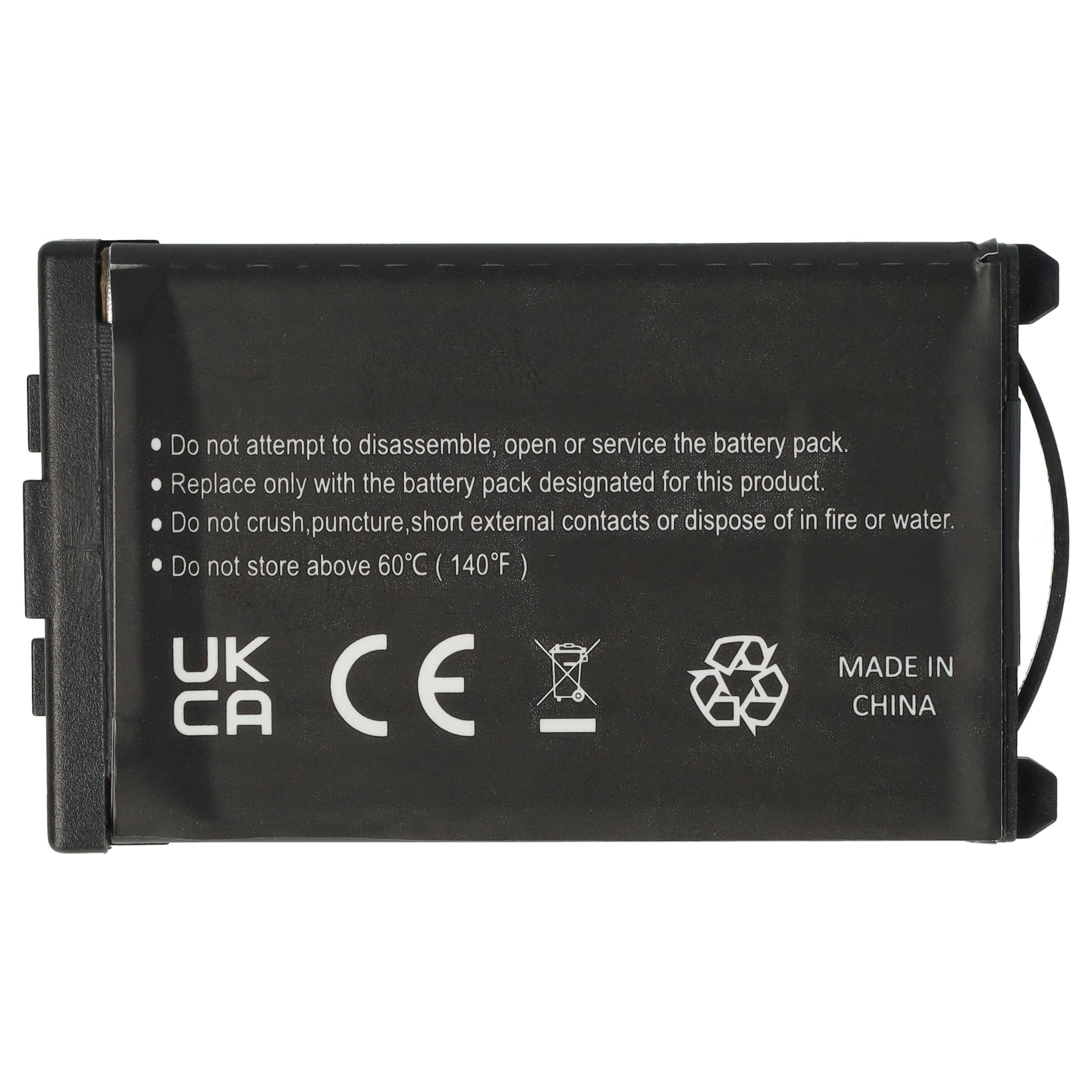 Schwarzer Akku mit Warnhinweisen und CE-, UKCA- und Recycling-Symbolen.