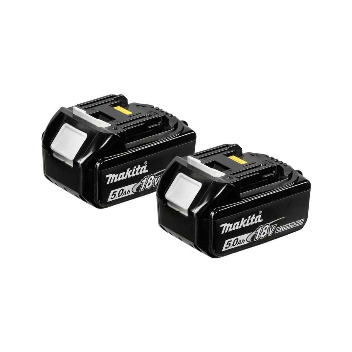 Zwei schwarze Makita 18V 5.0Ah Lithium-Ionen-Akkus nebeneinander.