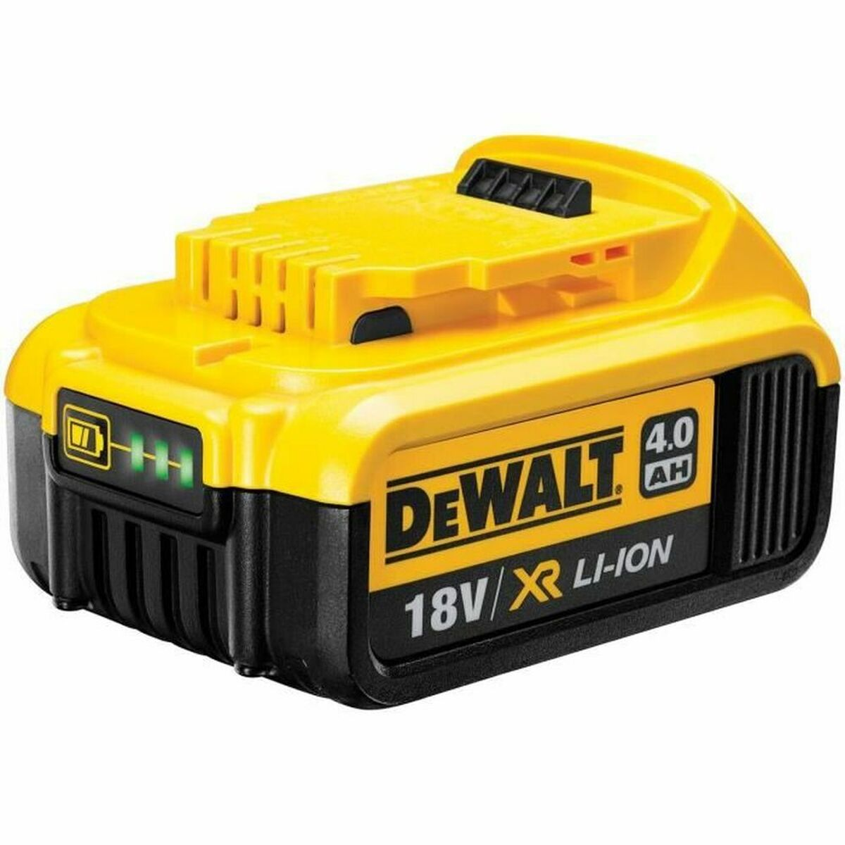 Gelber DeWalt Akku mit schwarzer Schrift und Ladeanzeige.