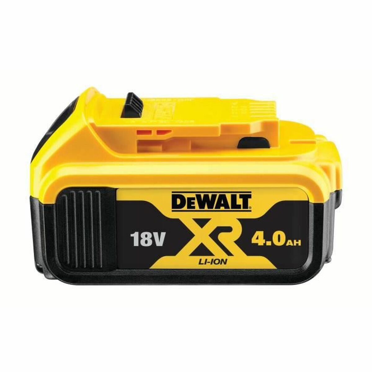Gelber DeWalt 18V 4.0Ah Li-Ion Akku mit schwarzem Gehäuse.