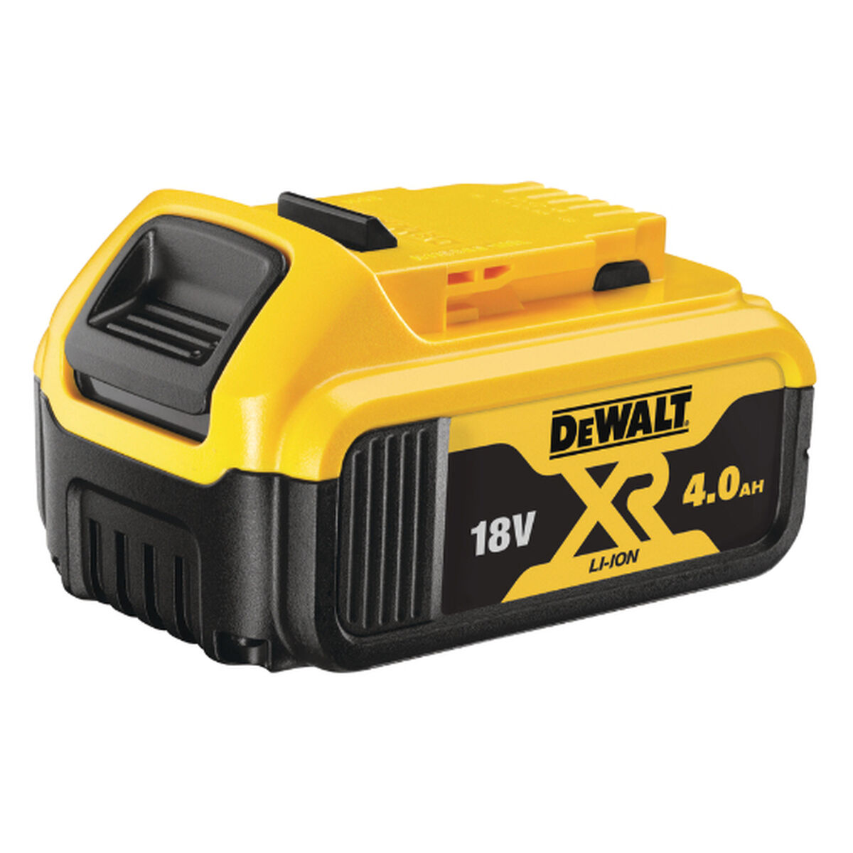 Gelber und schwarzer DeWalt 18V XR 4.0Ah Li-Ion Akku mit Griff.