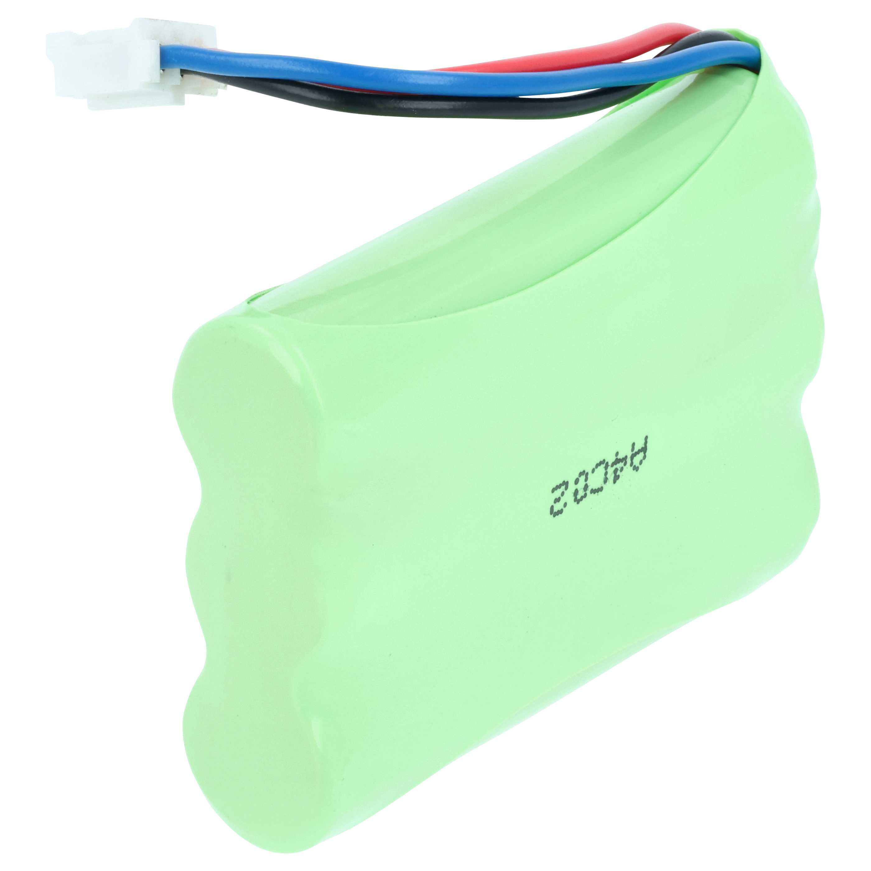 Grüner Akku mit blauen, roten und schwarzen Kabeln und einem weißen Stecker.