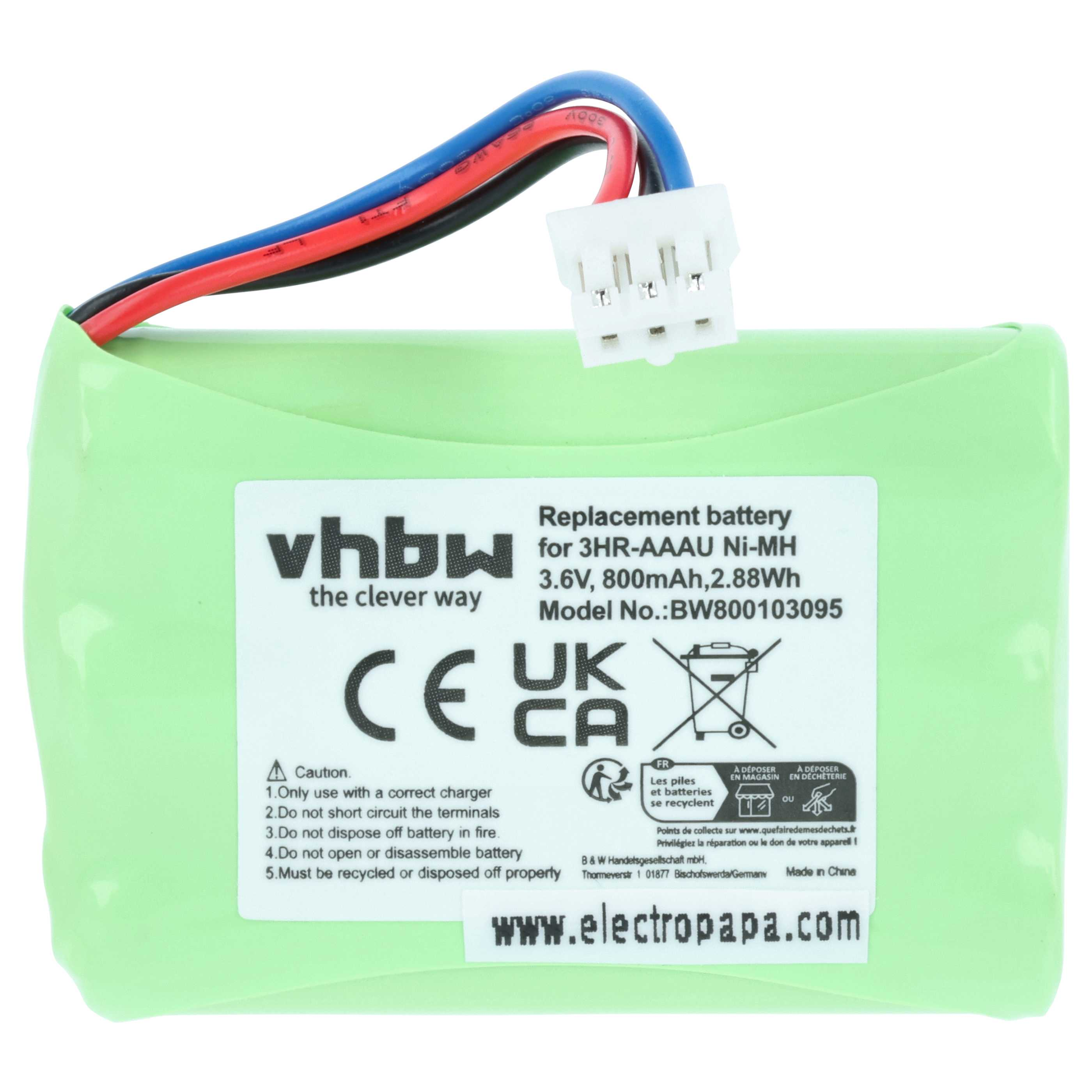 Grüne Ni-MH-Batterie mit Kabeln, CE- und UKCA-Siegeln und Warnhinweisen.