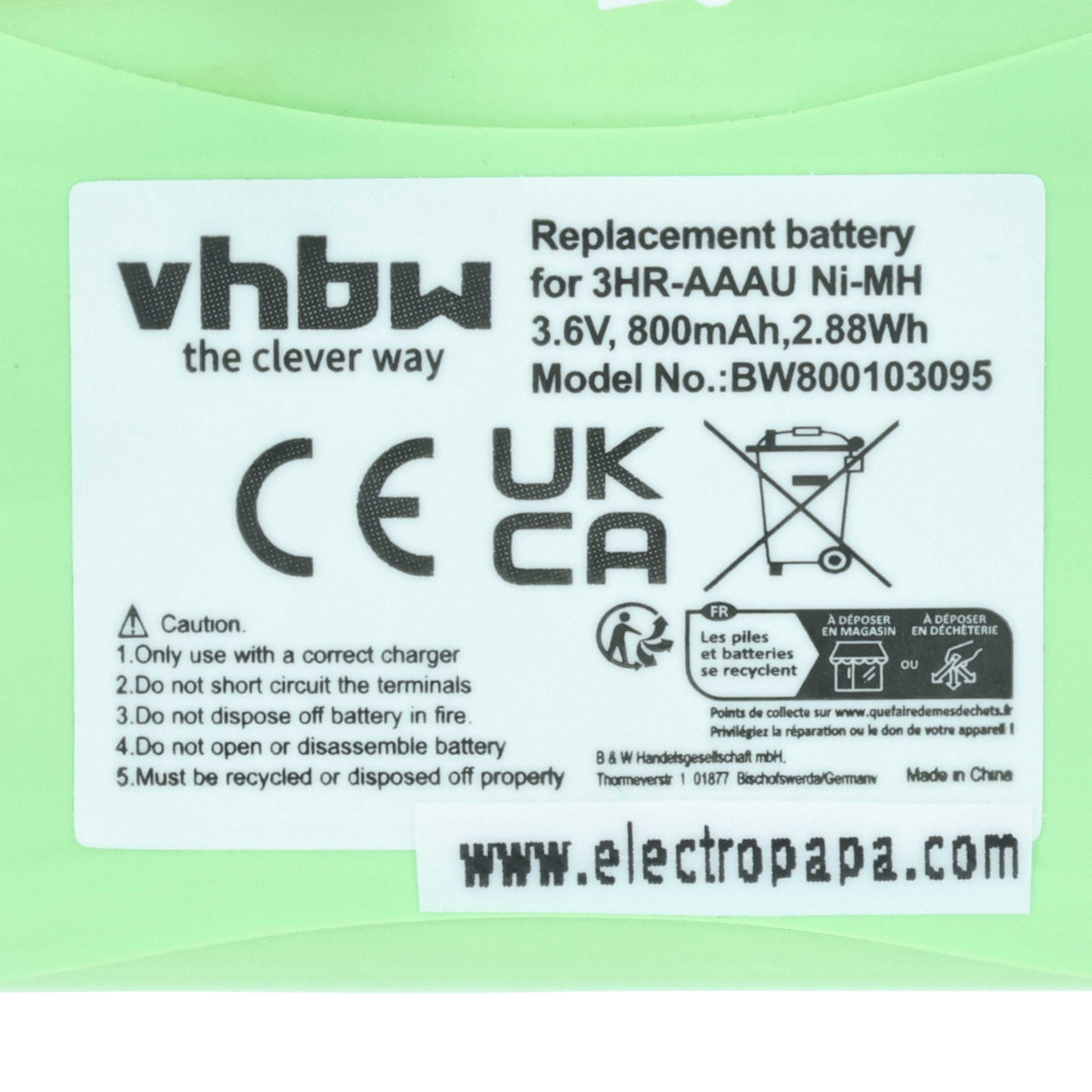 VHBW Ersatzakku für 3HR-AAAU Ni-MH, 3,6V, 800mAh, Made in China.