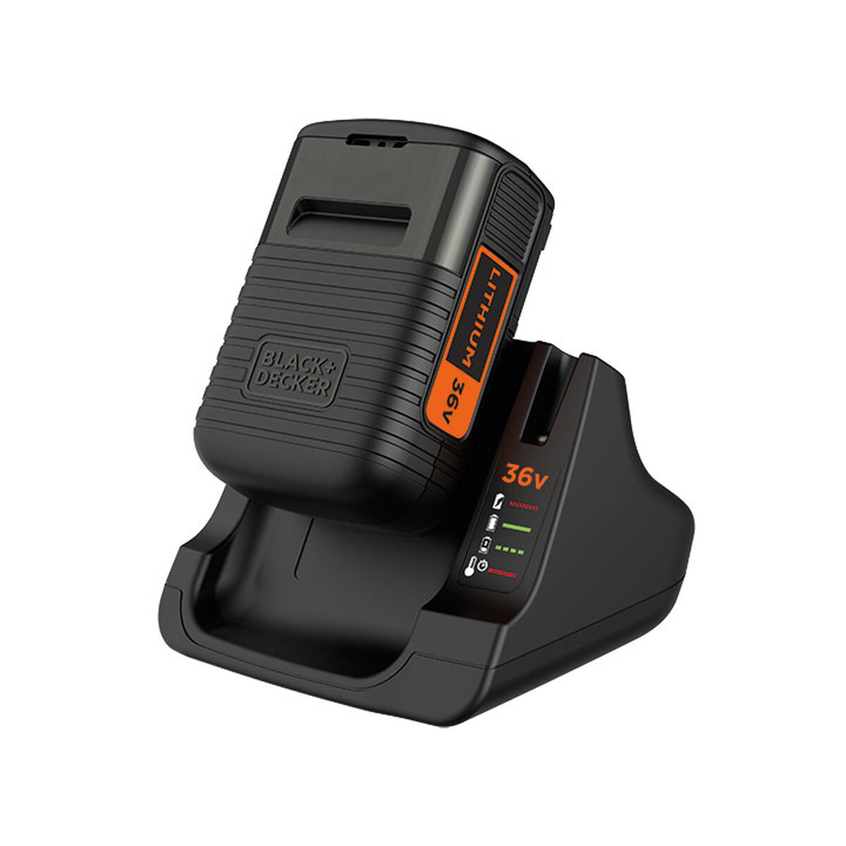 Schwarzes Ladegerät mit Black+Decker 36V Lithium-Akku, wei Hintergrund.