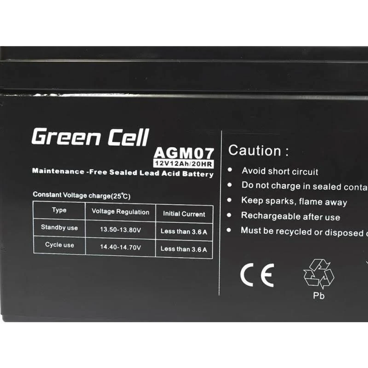 Batería Green Cell AGM07 con instrucciones de carga y especificaciones.