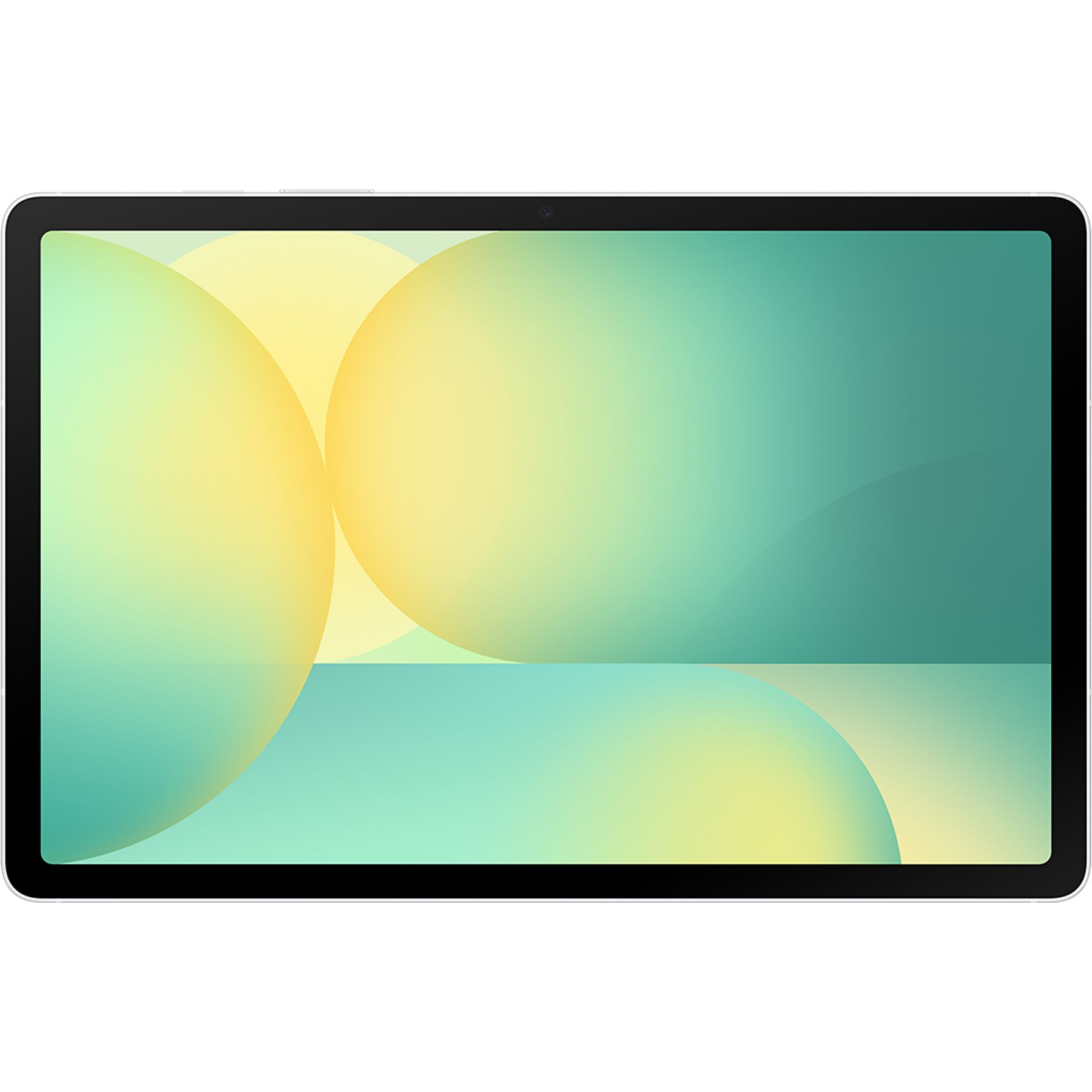 Sarı ve turkuaz dairelerden oluşan soyut bir arka plana sahip tablet.