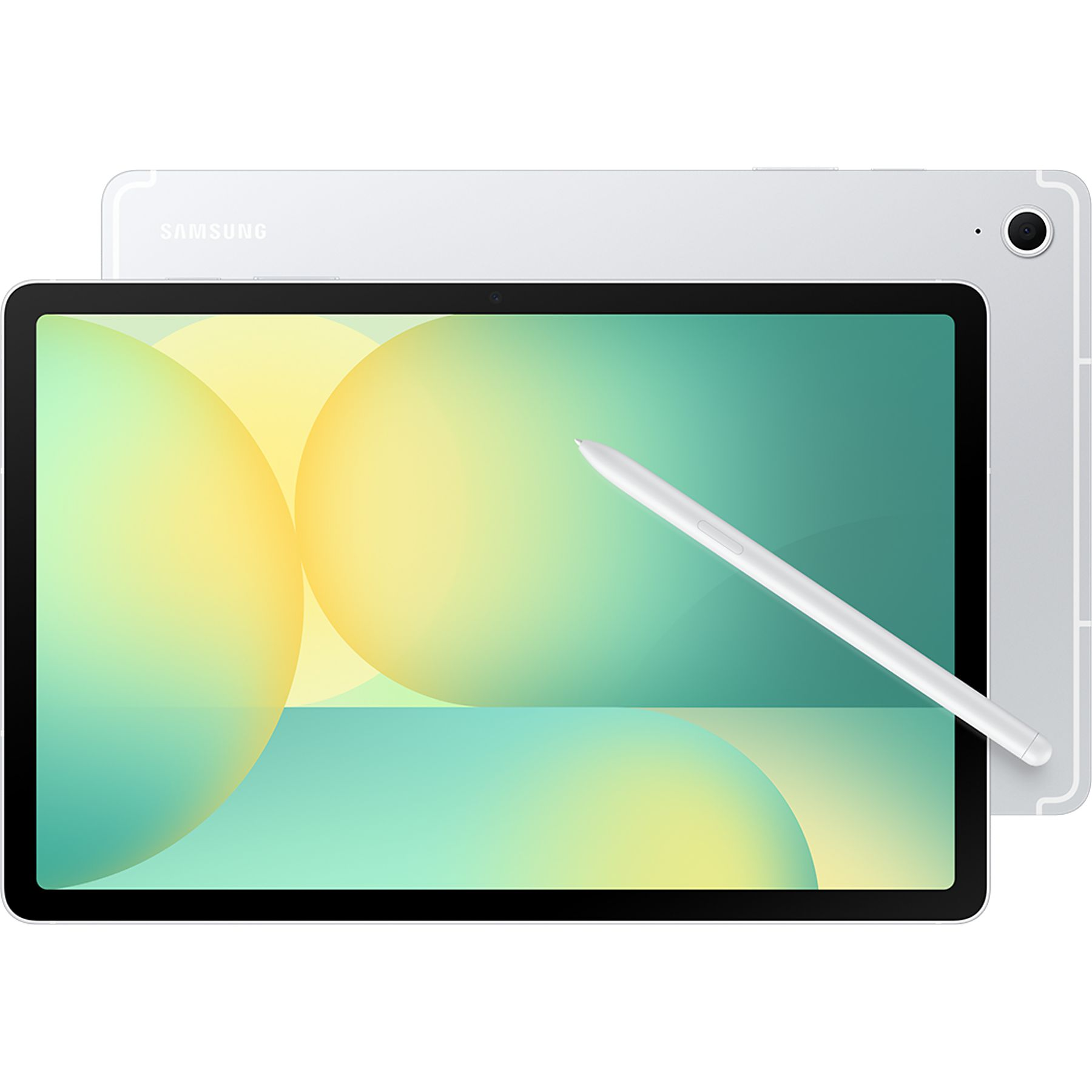 Ekranında kalem bulunan gümüş rengi Samsung tablet. Yeşil ve sarı daireler.