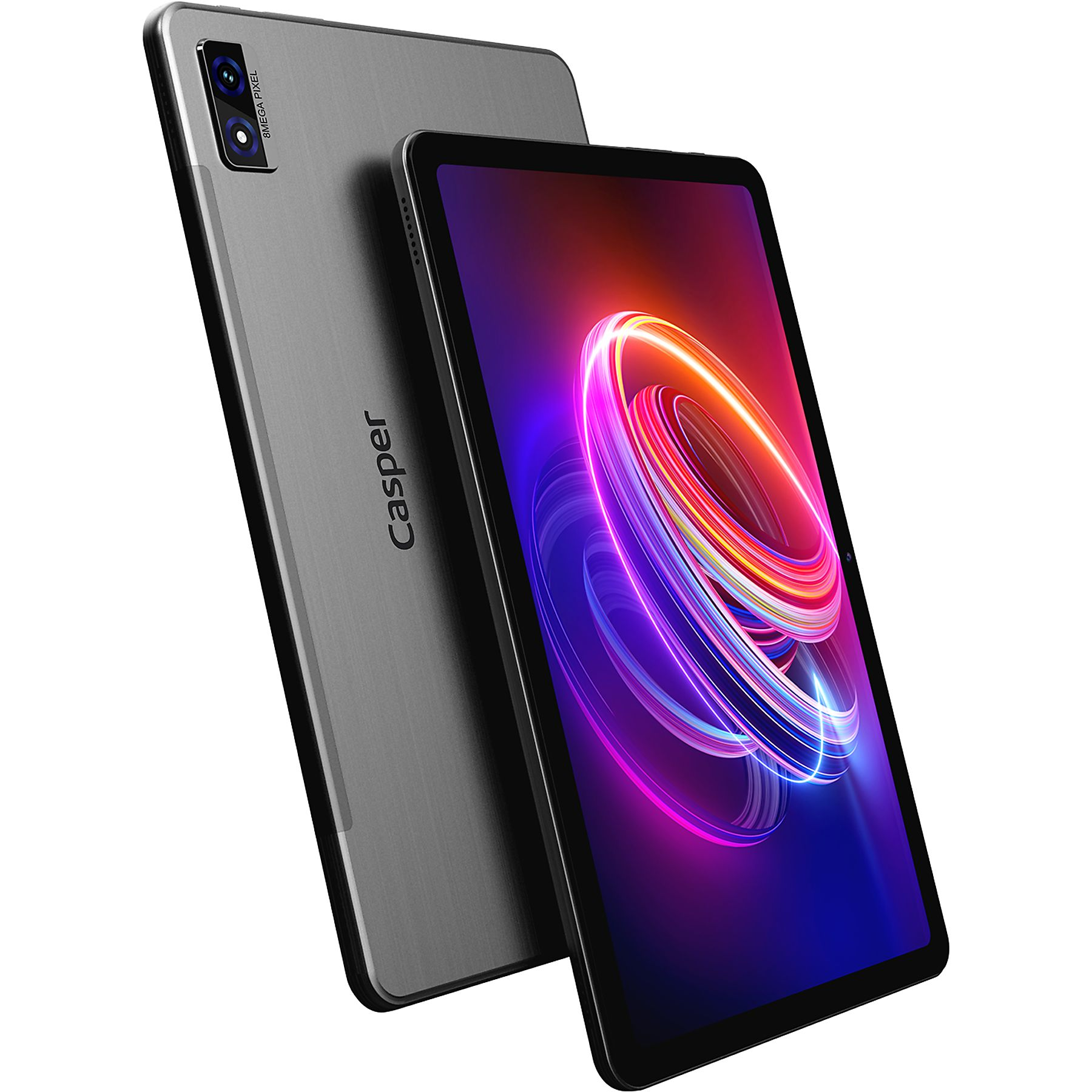Arka kamerası ve renkli ekranı olan gri tablet.