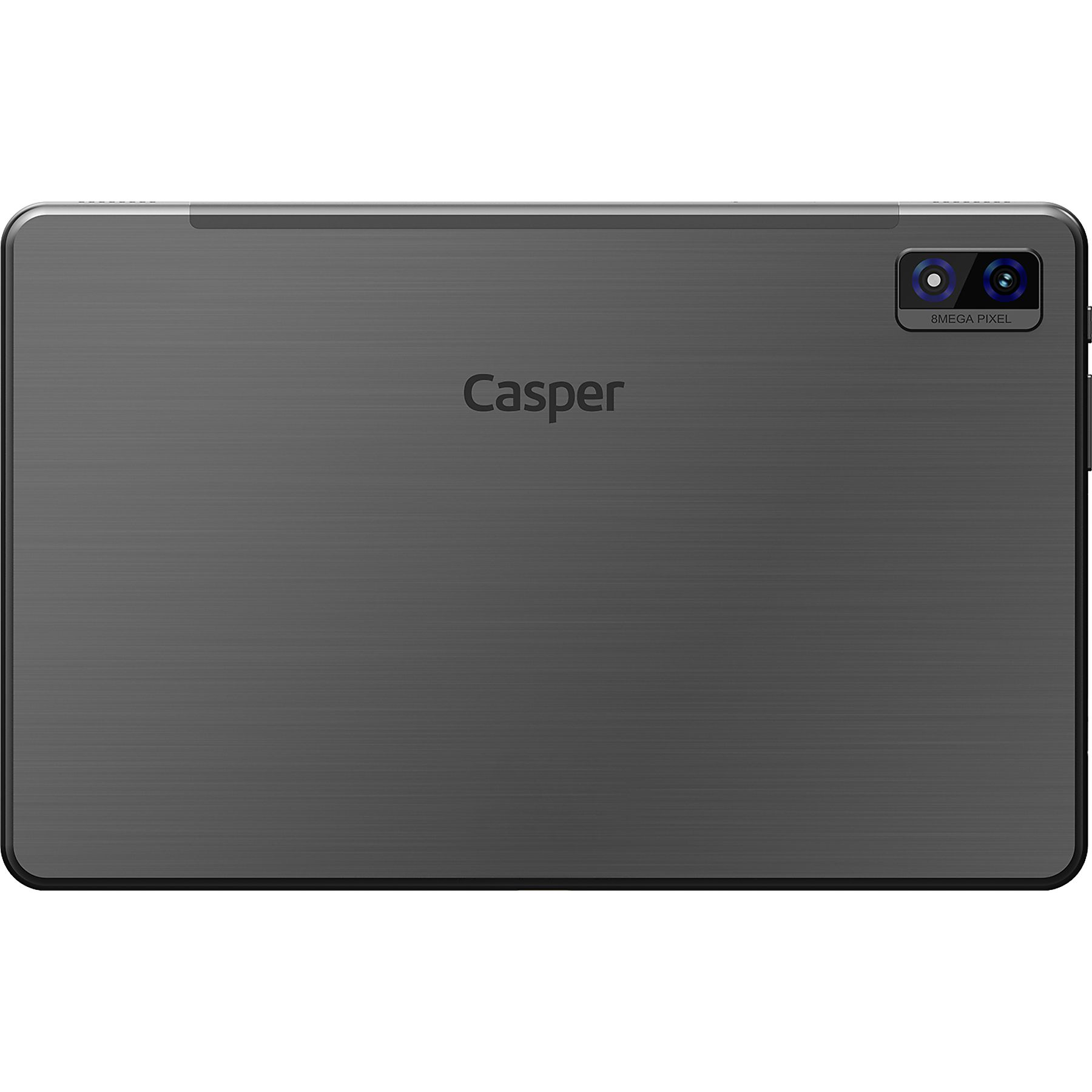 Fırçalanmış metal arka yüzlü ve Casper logolu gri tablet. Sağ üstte çift kamera.